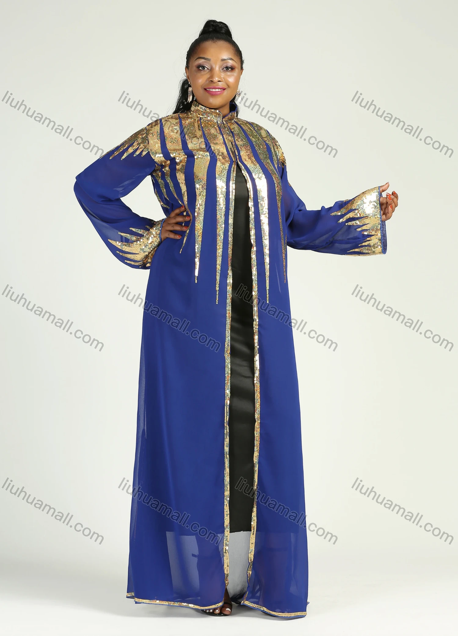 Wholesale Women's Muslim Stand Collar Long Sleeve Sequin Glitter Maxi Kimono Cover Up Cardigan - Liuhuamall