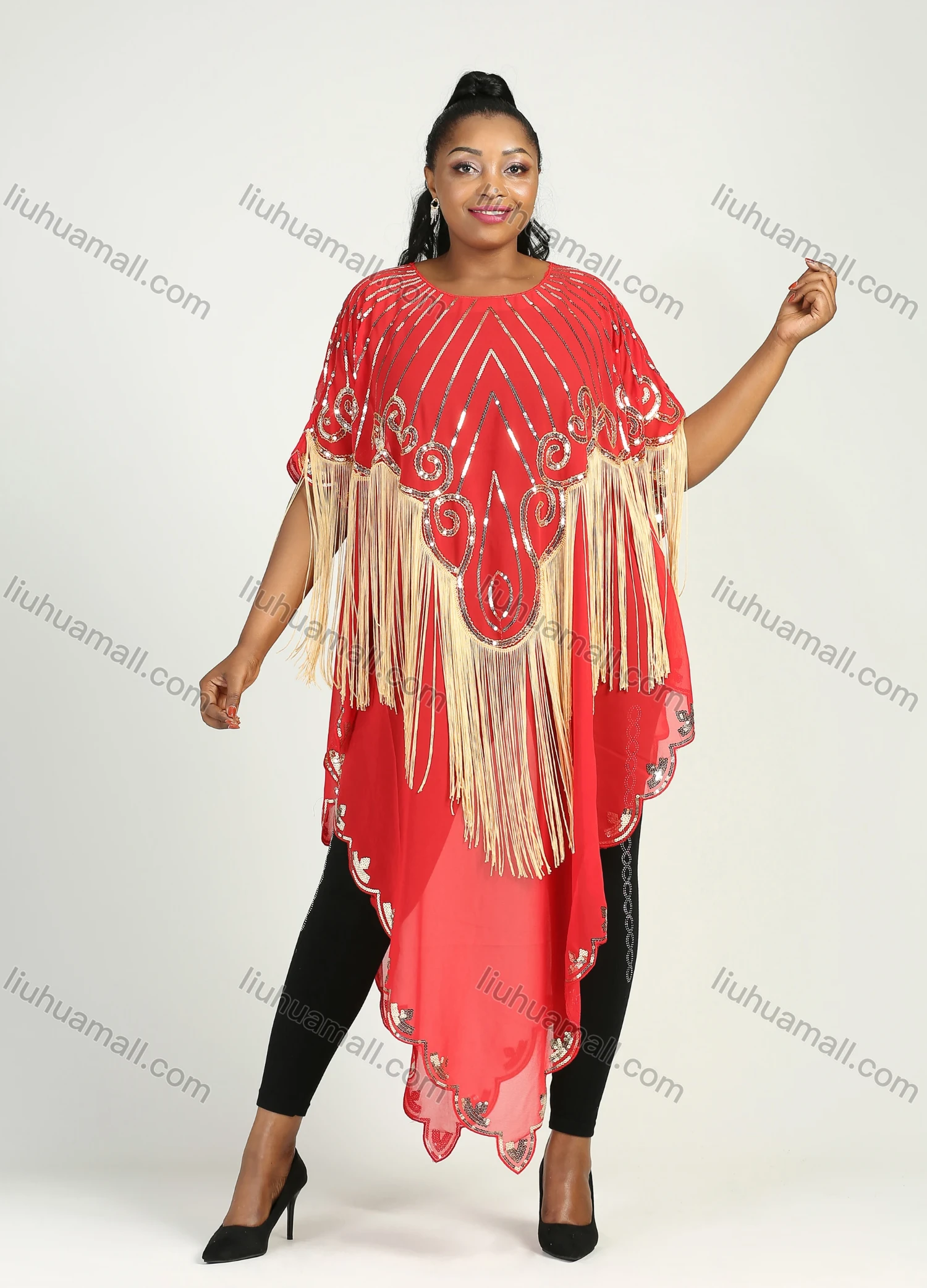 Wholesale Women's Muslim Sequin Scallop Edge Pullover Triangular Hem Sheer Mesh Cover Up Cloak - Liuhuamall