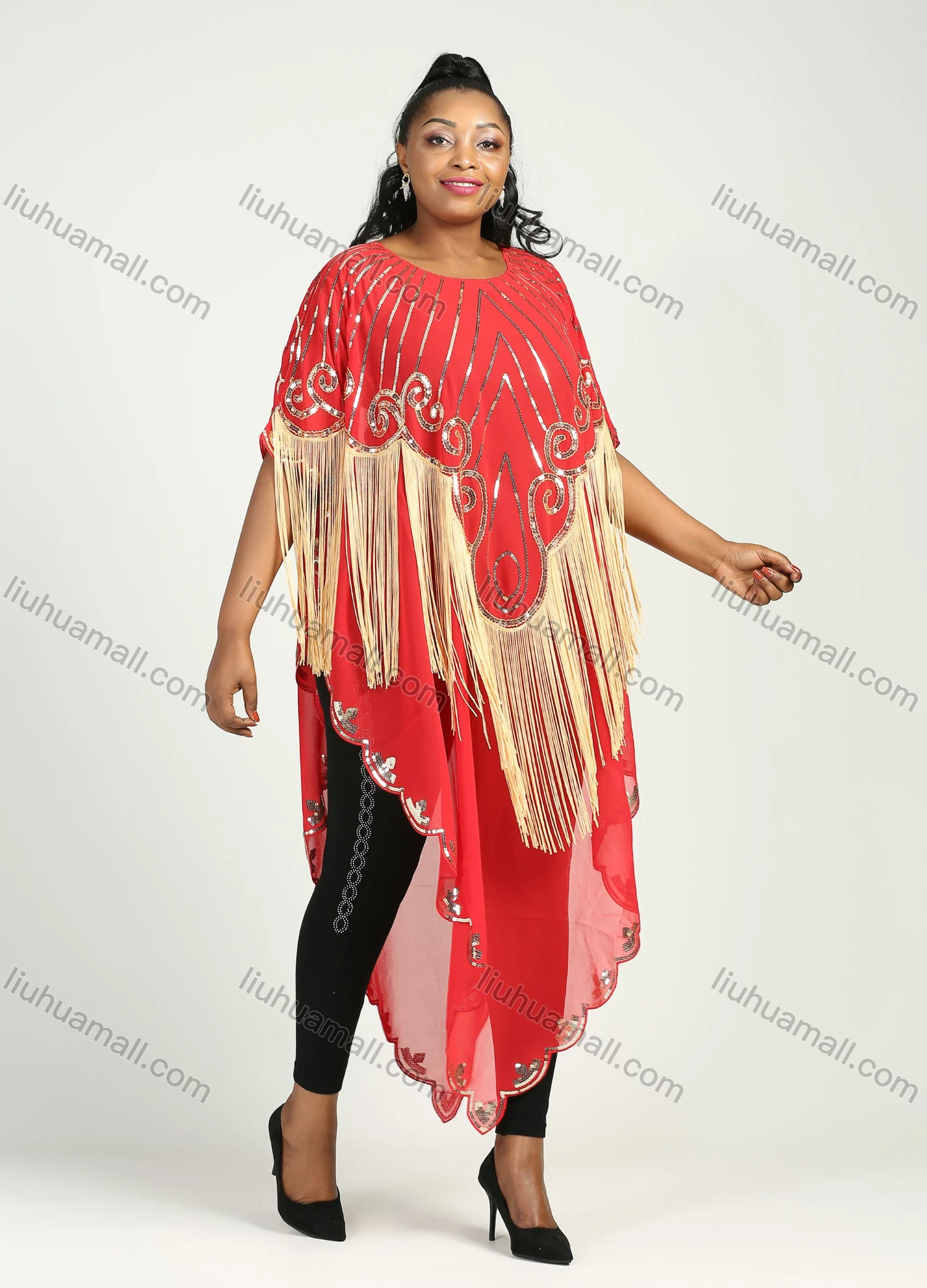 Wholesale Women's Muslim Sequin Scallop Edge Pullover Triangular Hem Sheer Mesh Cover Up Cloak - Liuhuamall