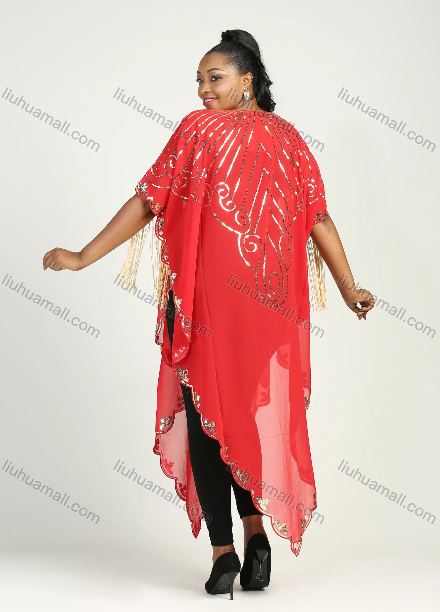 Wholesale Women's Muslim Sequin Scallop Edge Pullover Triangular Hem Sheer Mesh Cover Up Cloak - Liuhuamall