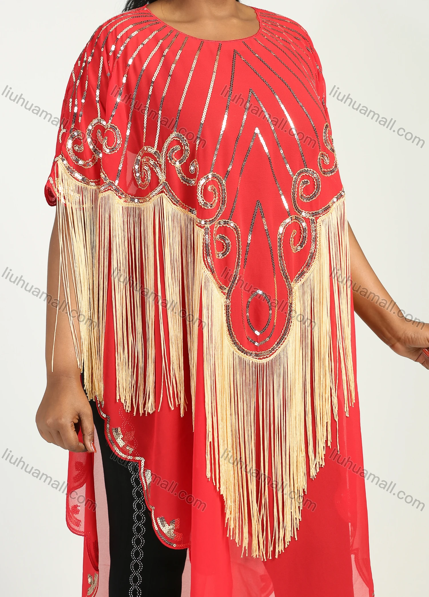 Wholesale Women's Muslim Sequin Scallop Edge Pullover Triangular Hem Sheer Mesh Cover Up Cloak - Liuhuamall