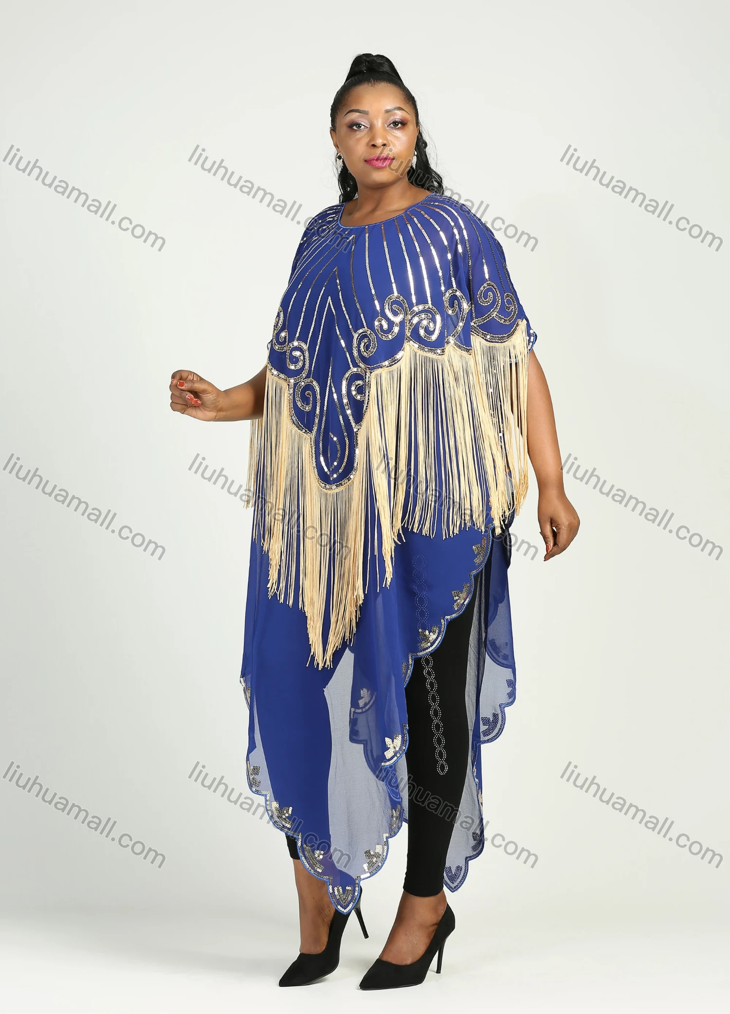 Wholesale Women's Muslim Sequin Scallop Edge Pullover Triangular Hem Sheer Mesh Cover Up Cloak - Liuhuamall