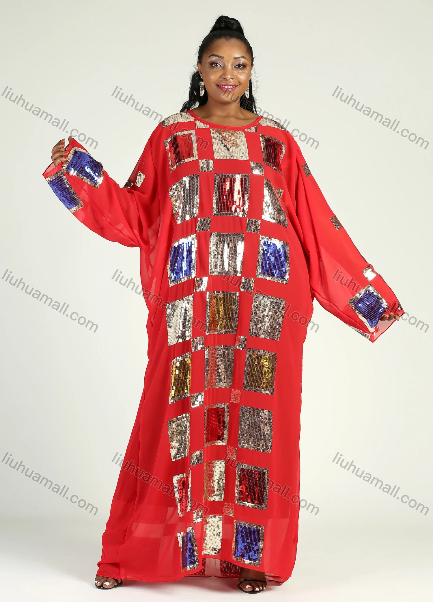 Wholesale Women's Islamic Muslim Round Neck Maxi Kaftan Long Sleeve Square Sequin Cover Up - Liuhuamall