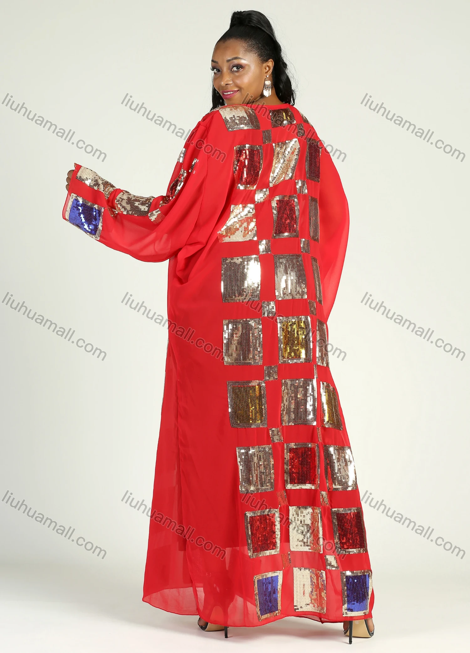 Wholesale Women's Islamic Muslim Round Neck Maxi Kaftan Long Sleeve Square Sequin Cover Up - Liuhuamall