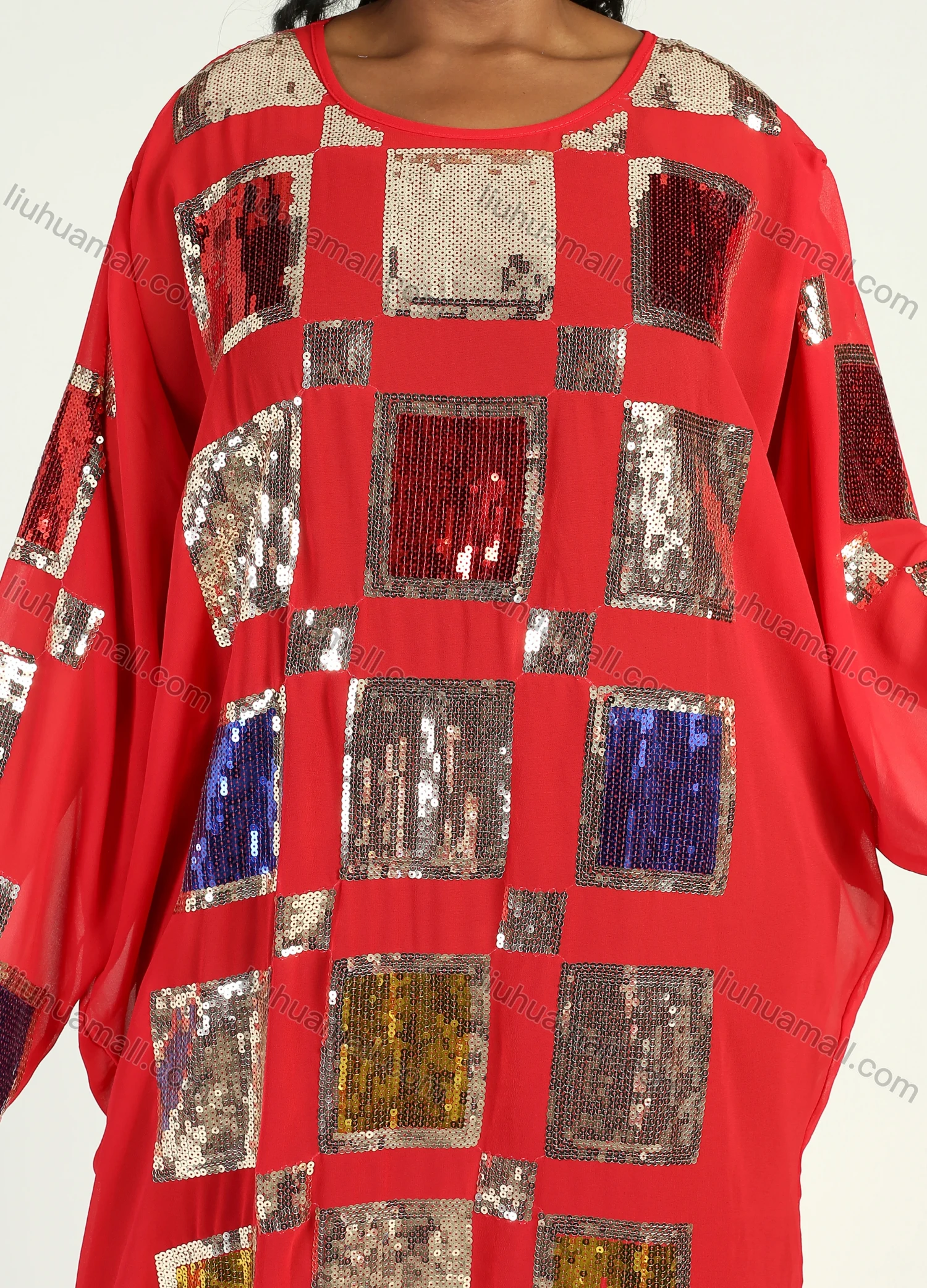 Wholesale Women's Islamic Muslim Round Neck Maxi Kaftan Long Sleeve Square Sequin Cover Up - Liuhuamall