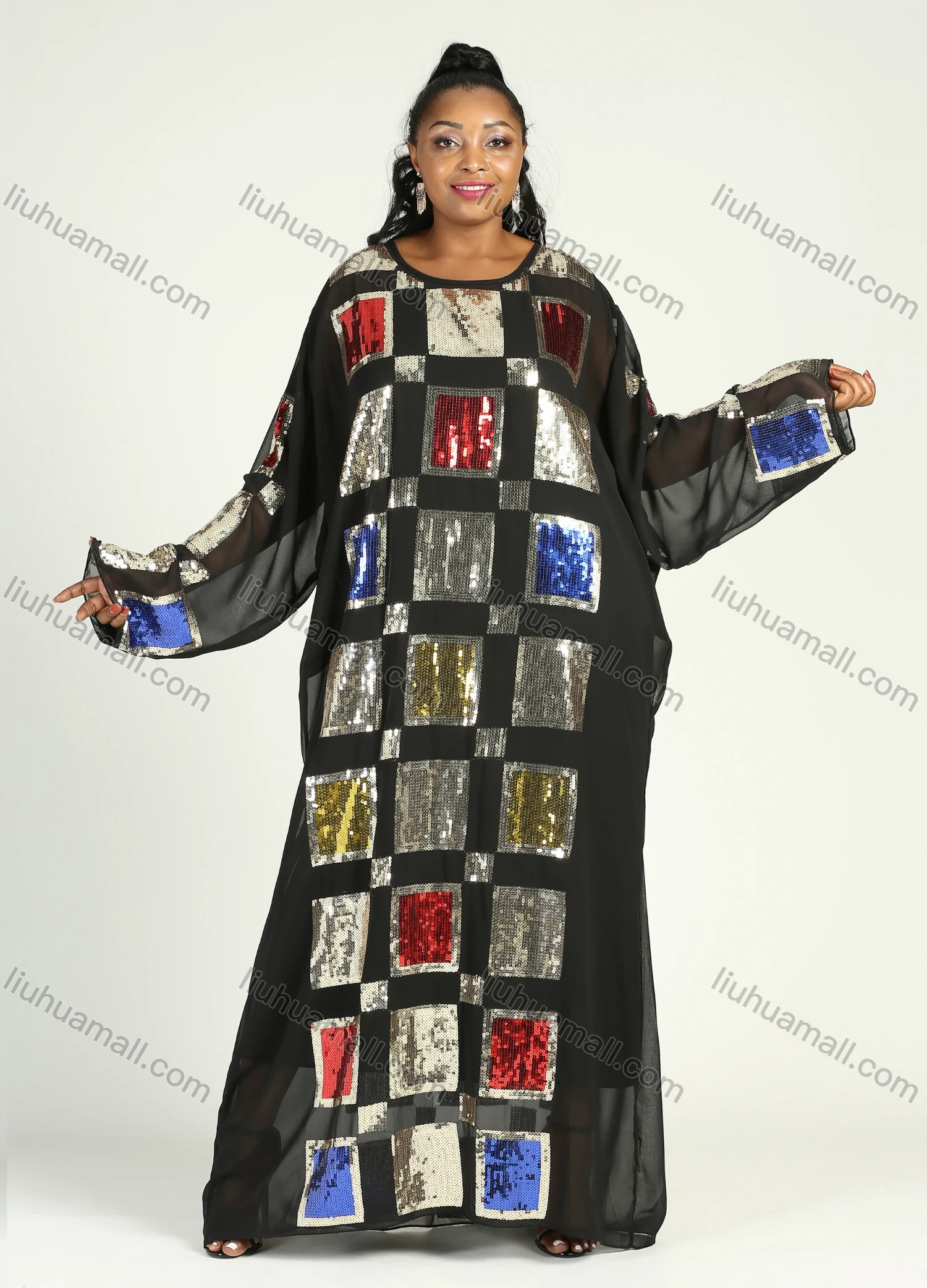 Wholesale Women's Islamic Muslim Round Neck Maxi Kaftan Long Sleeve Square Sequin Cover Up - Liuhuamall