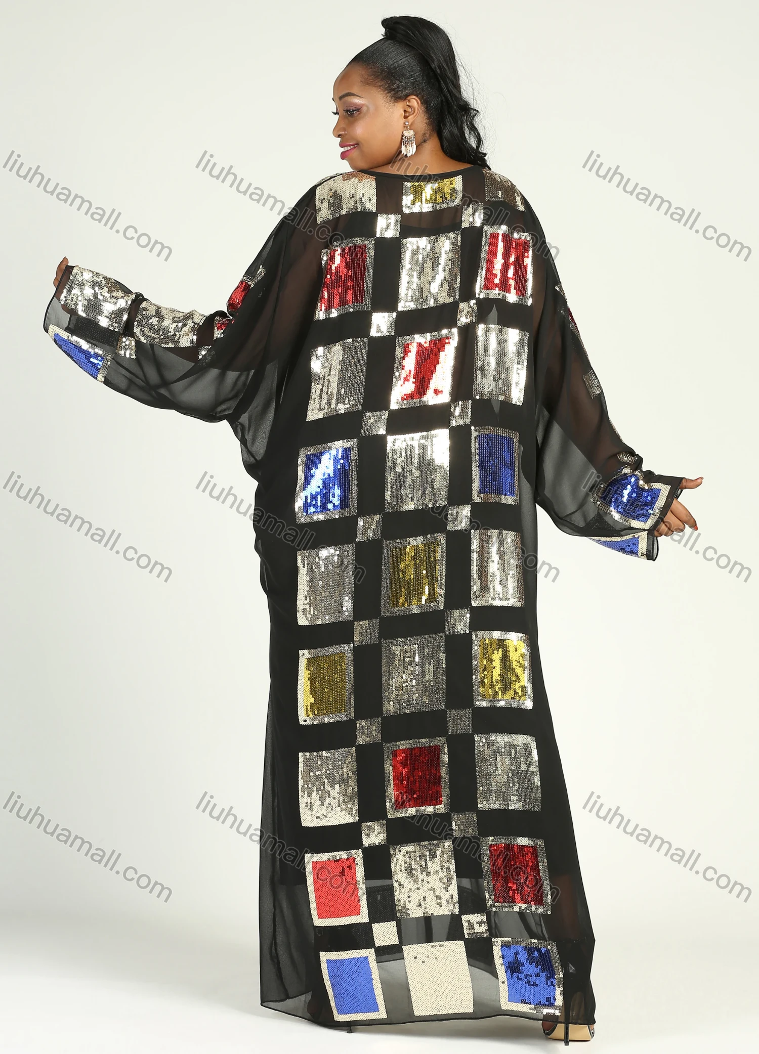 Wholesale Women's Islamic Muslim Round Neck Maxi Kaftan Long Sleeve Square Sequin Cover Up - Liuhuamall