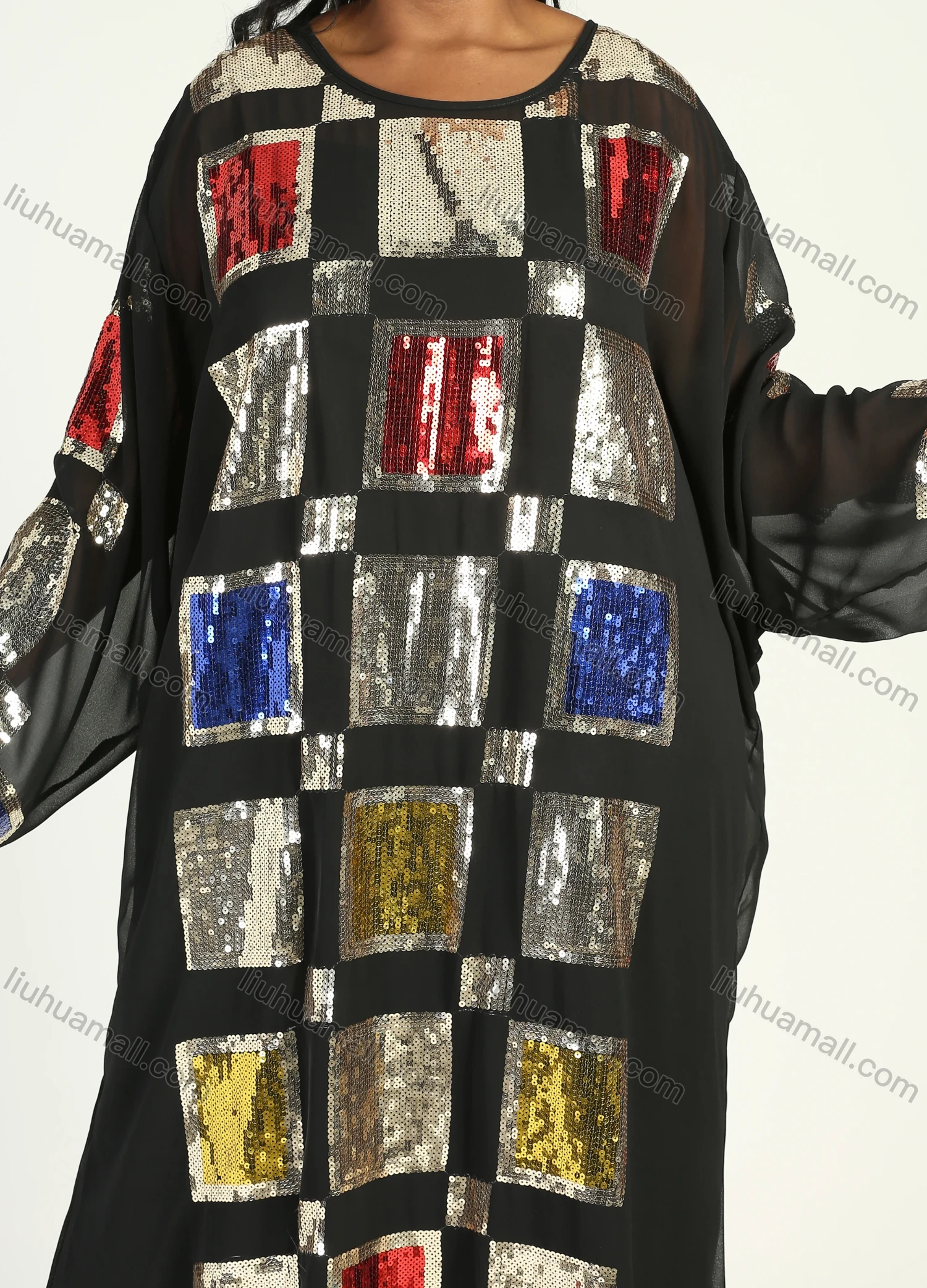 Wholesale Women's Islamic Muslim Round Neck Maxi Kaftan Long Sleeve Square Sequin Cover Up - Liuhuamall