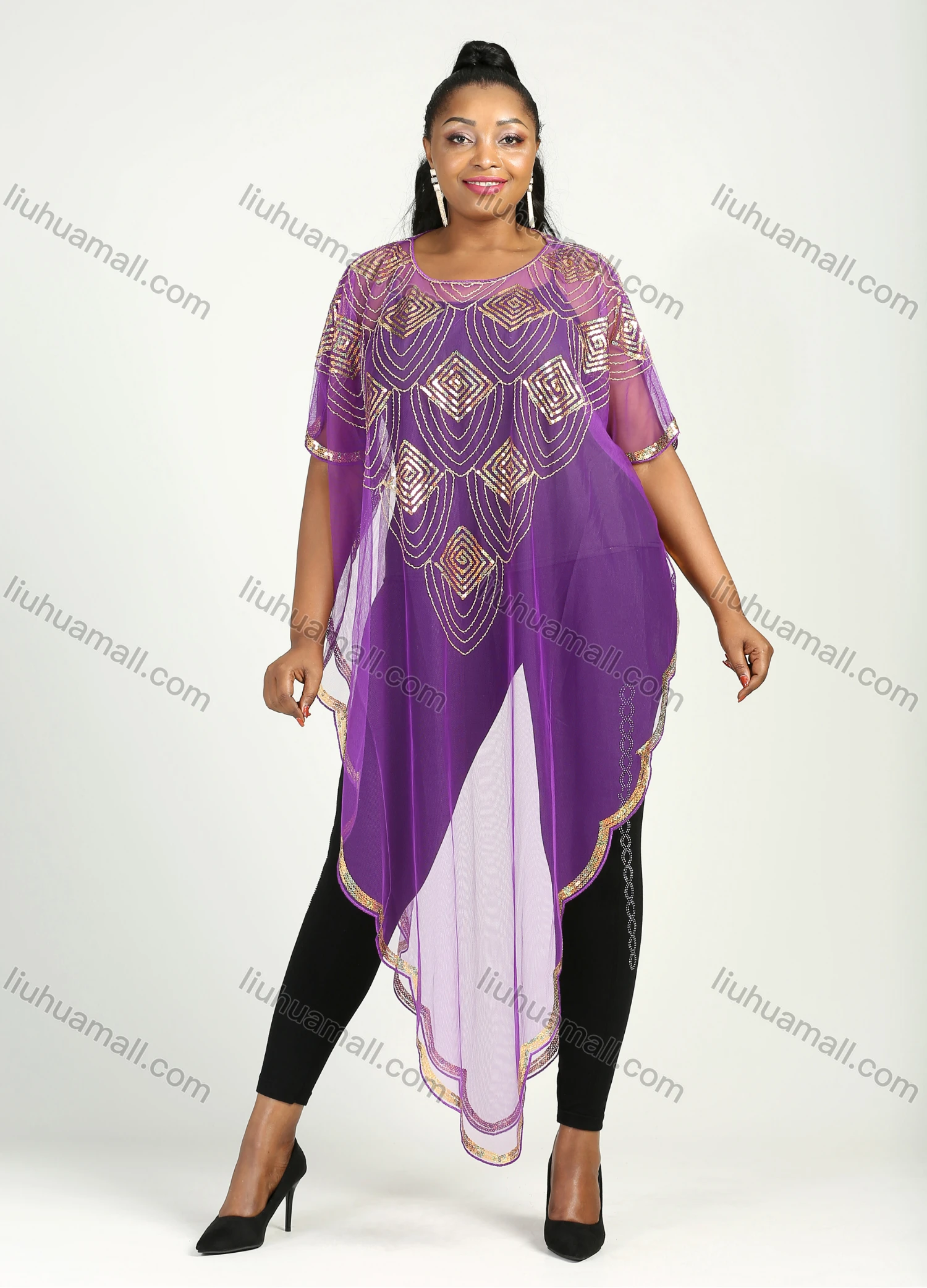 Wholesale Women's Muslim Islamic Glamorous Triangle Hem Sequin Mesh Translucent Cover Up Cloak - Liuhuamall