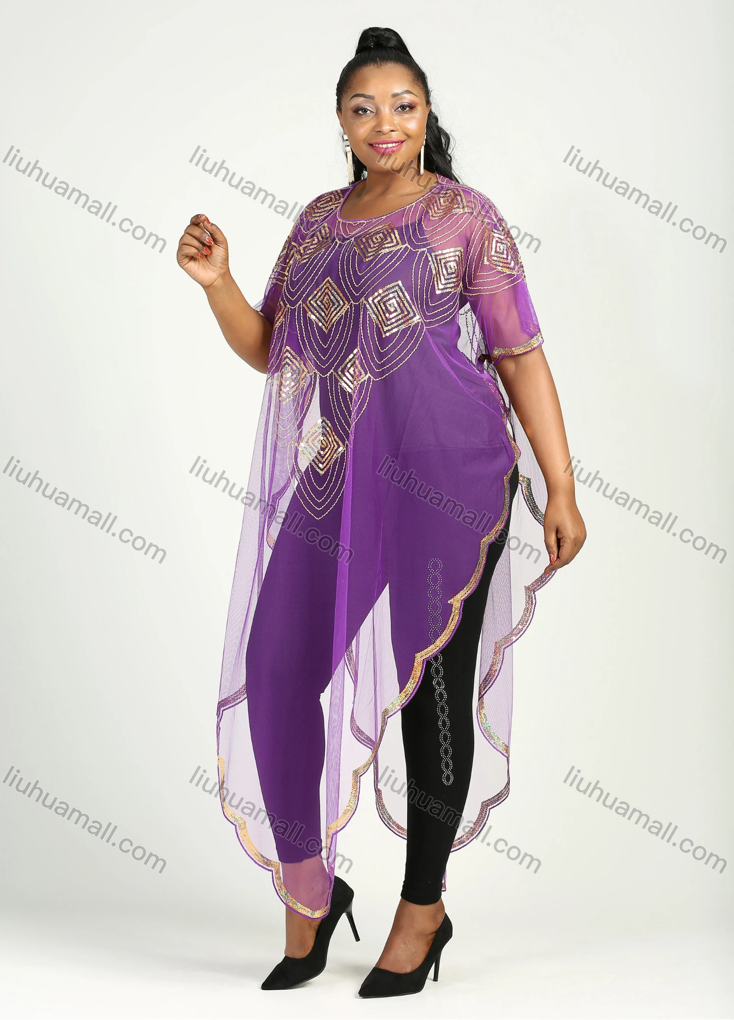 Wholesale Women's Muslim Islamic Glamorous Triangle Hem Sequin Mesh Translucent Cover Up Cloak - Liuhuamall
