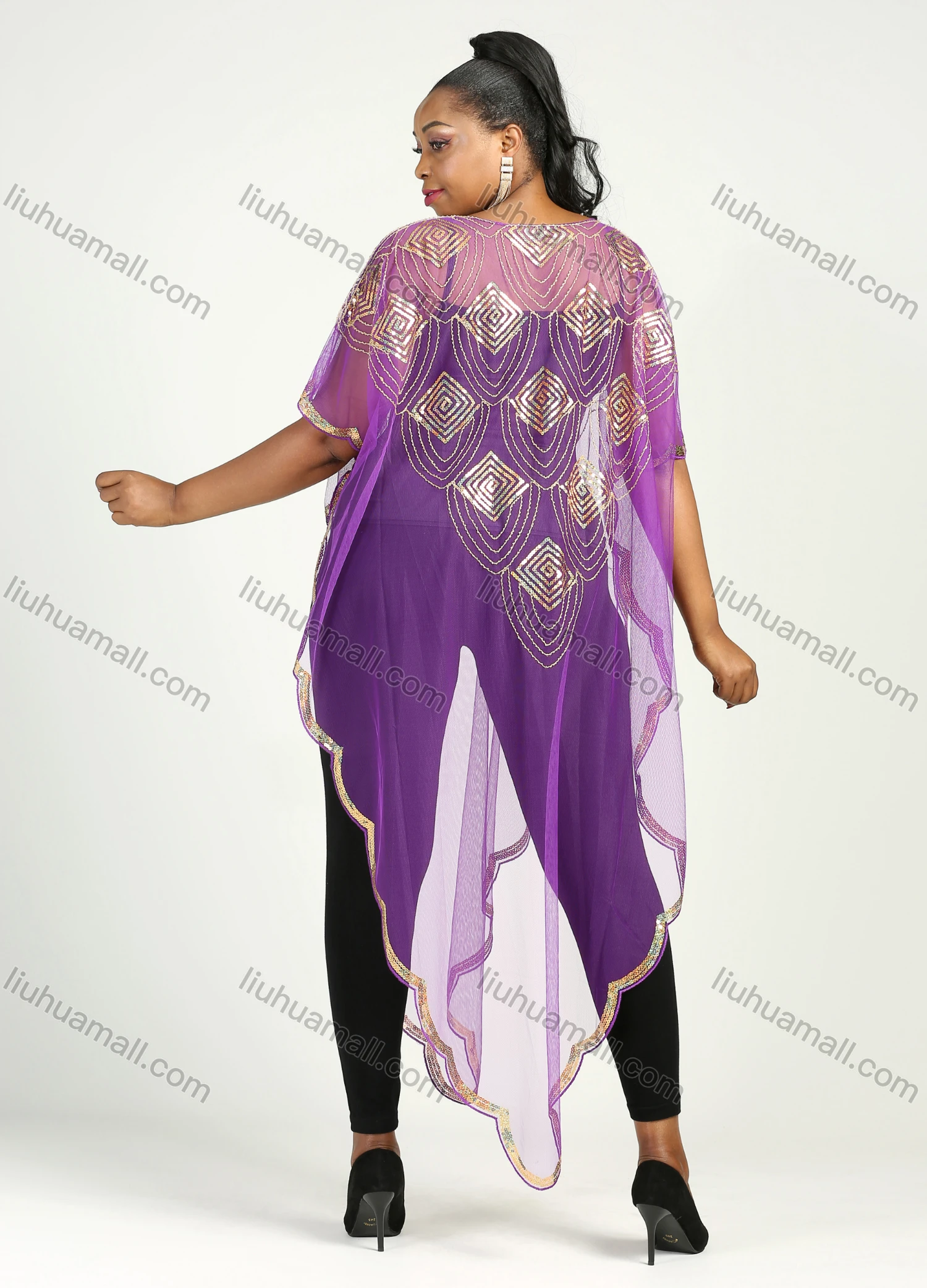 Wholesale Women's Muslim Islamic Glamorous Triangle Hem Sequin Mesh Translucent Cover Up Cloak - Liuhuamall