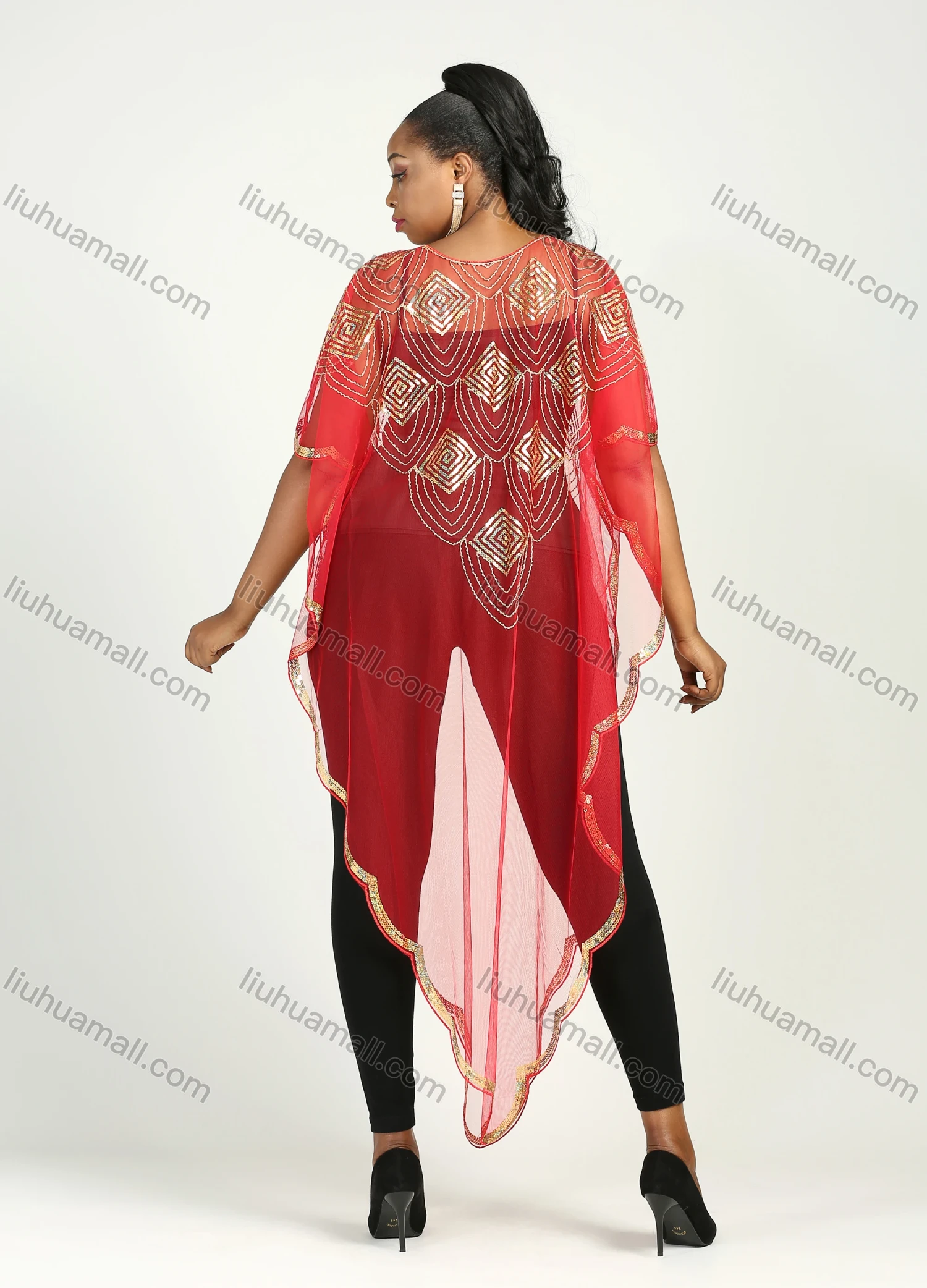 Wholesale Women's Muslim Islamic Glamorous Triangle Hem Sequin Mesh Translucent Cover Up Cloak - Liuhuamall