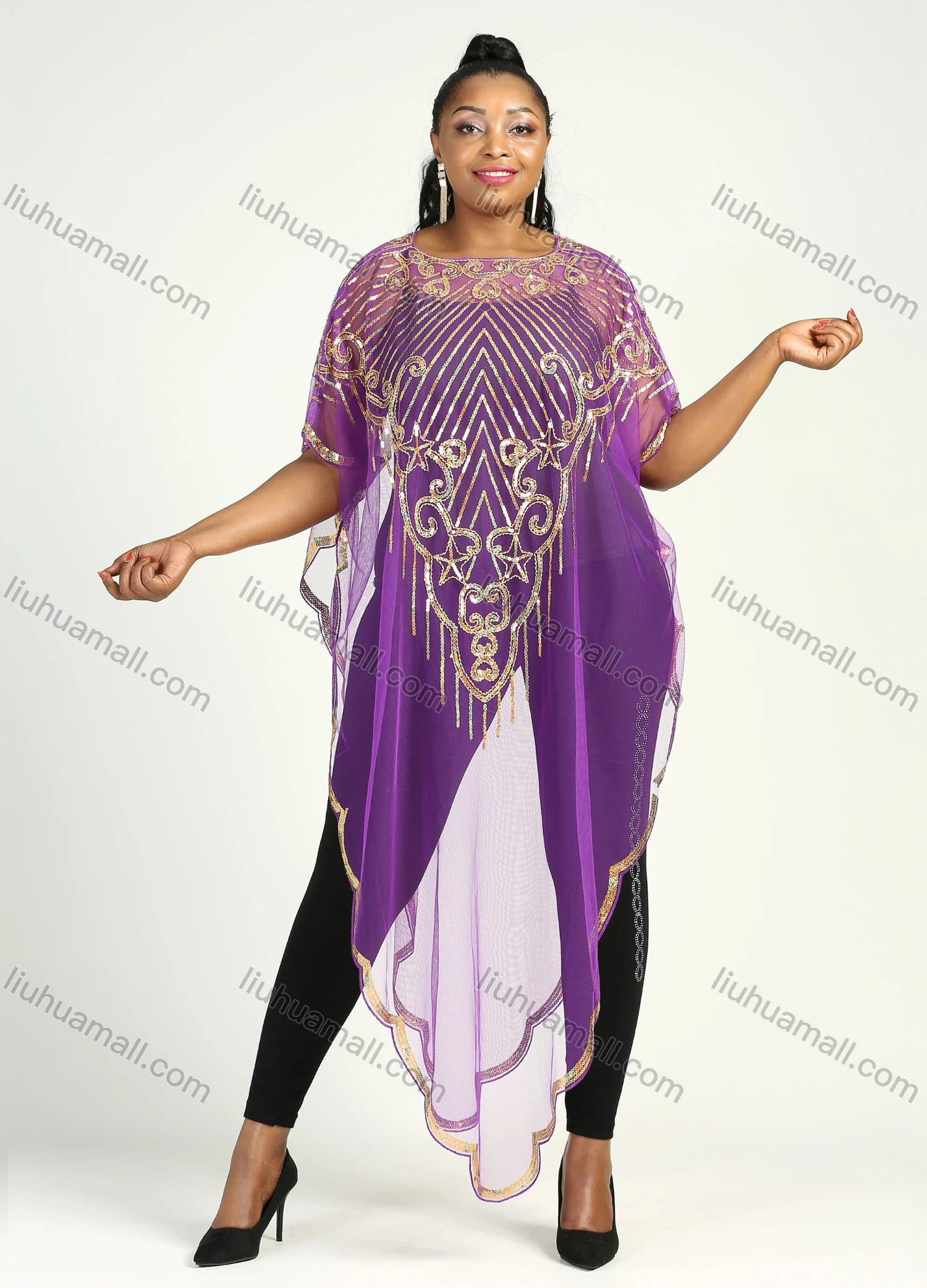 Wholesale Women's Muslim Islamic Glamorous Triangle Hem Arabic Dubai Sequin Mesh Translucent Cover Up Cloak - Liuhuamall