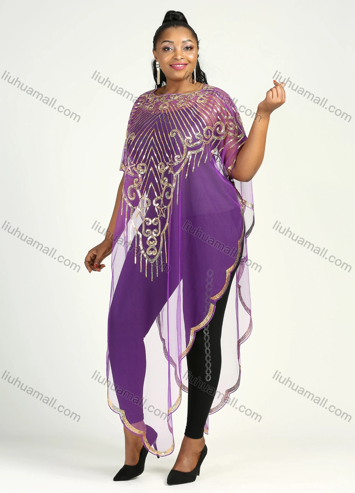 Wholesale Women's Muslim Islamic Glamorous Triangle Hem Arabic Dubai Sequin Mesh Translucent Cover Up Cloak - Liuhuamall