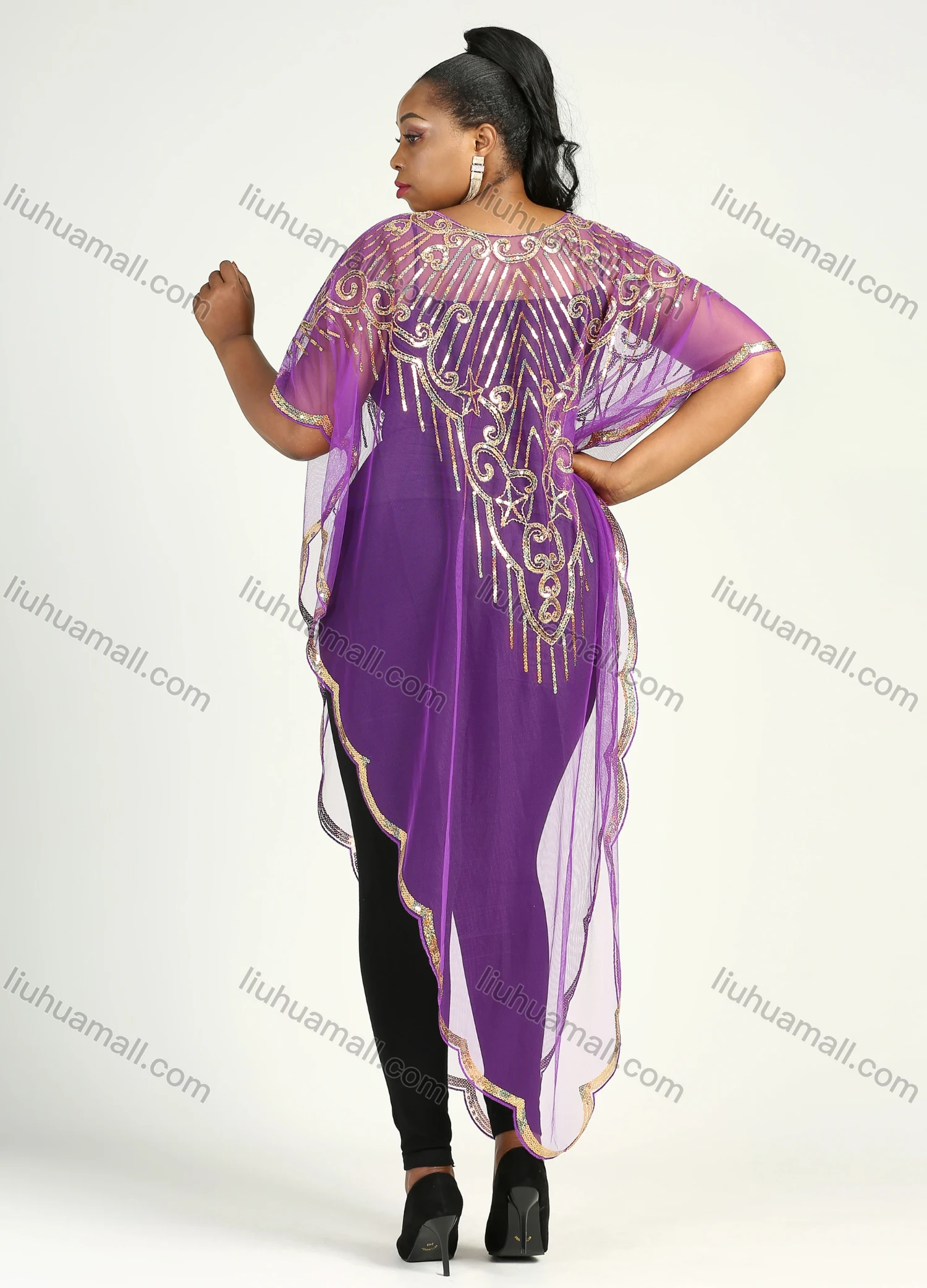 Wholesale Women's Muslim Islamic Glamorous Triangle Hem Arabic Dubai Sequin Mesh Translucent Cover Up Cloak - Liuhuamall