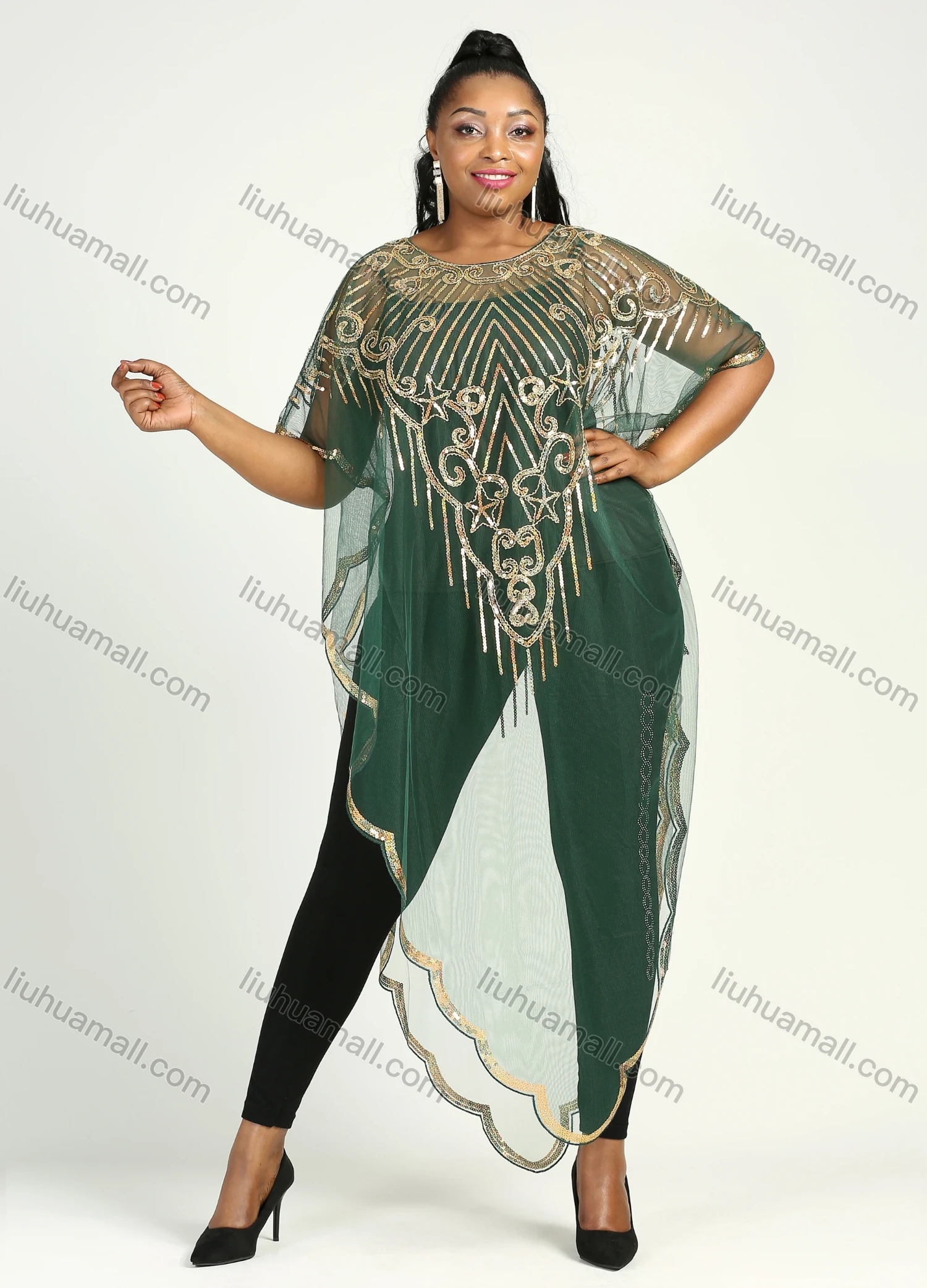 Wholesale Women's Muslim Islamic Glamorous Triangle Hem Arabic Dubai Sequin Mesh Translucent Cover Up Cloak - Liuhuamall