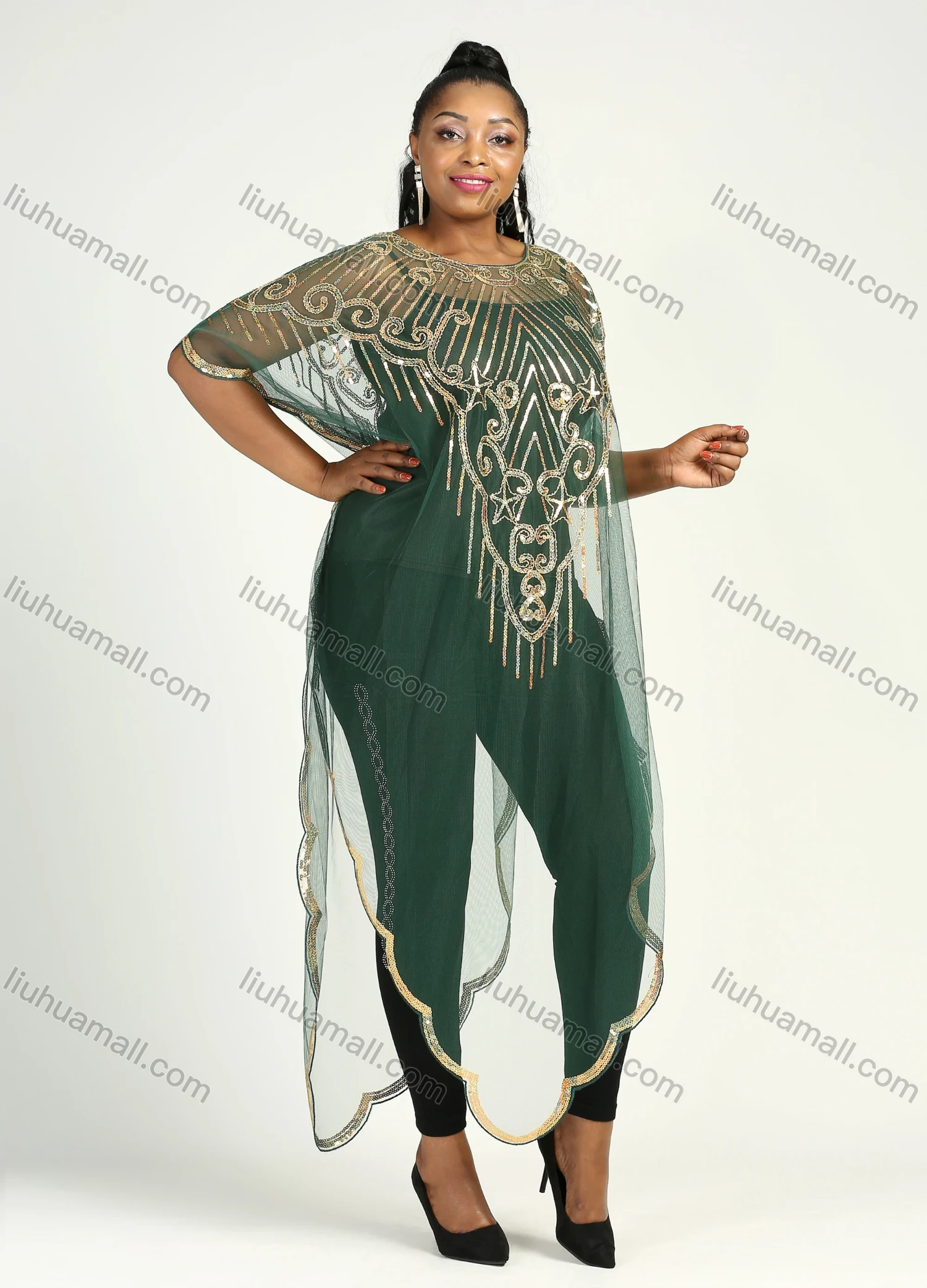 Wholesale Women's Muslim Islamic Glamorous Triangle Hem Arabic Dubai Sequin Mesh Translucent Cover Up Cloak - Liuhuamall