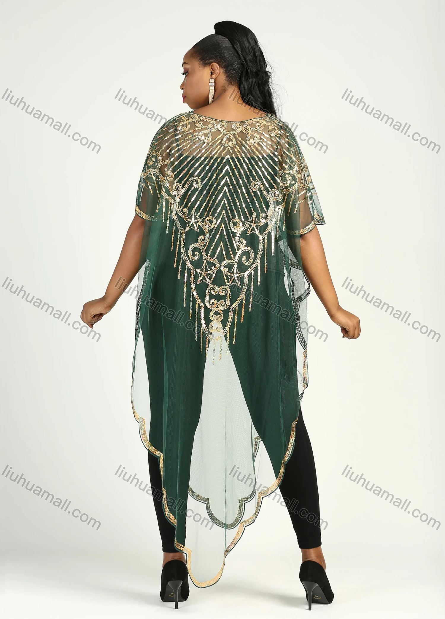 Wholesale Women's Muslim Islamic Glamorous Triangle Hem Arabic Dubai Sequin Mesh Translucent Cover Up Cloak - Liuhuamall