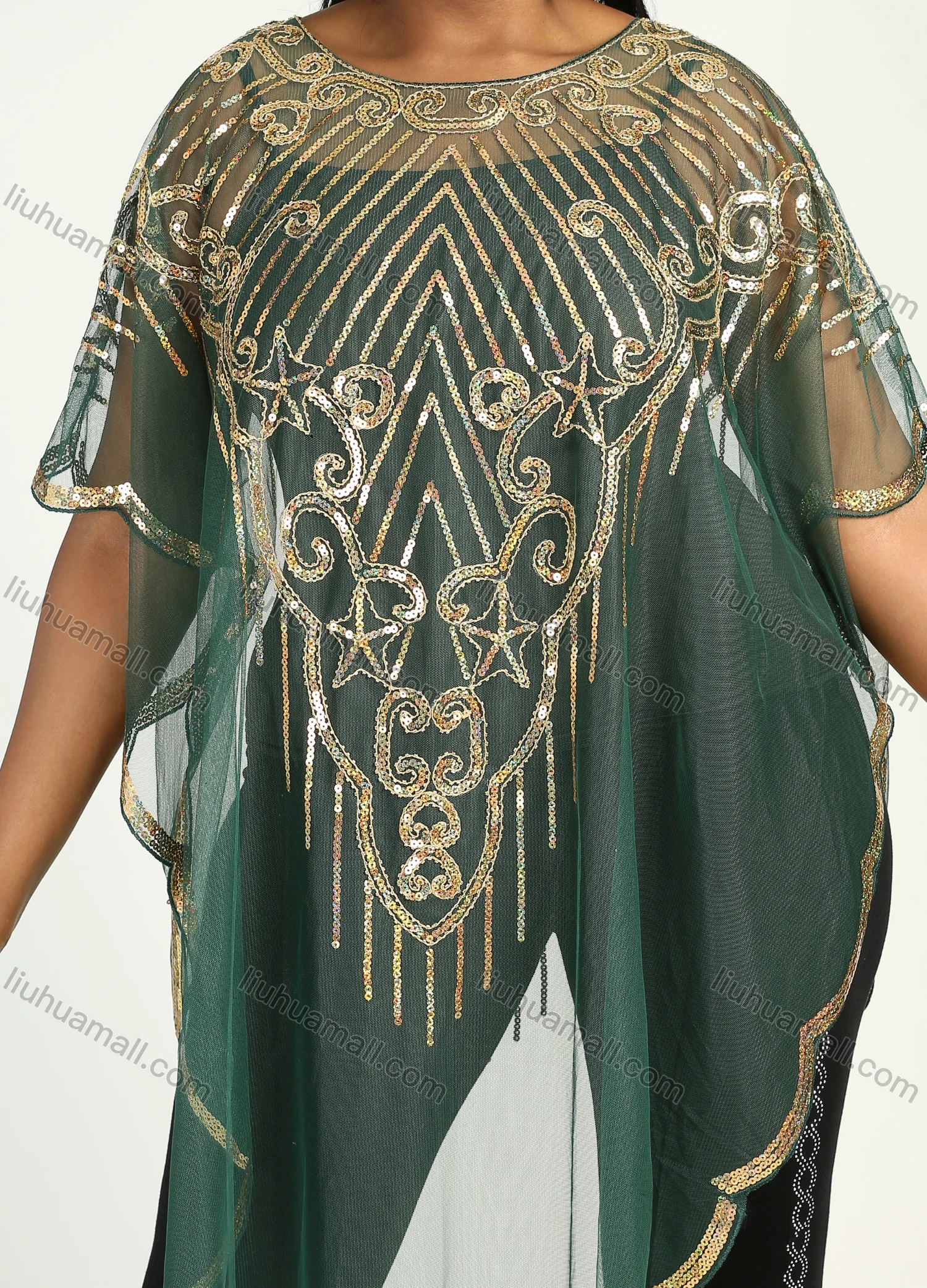 Wholesale Women's Muslim Islamic Glamorous Triangle Hem Arabic Dubai Sequin Mesh Translucent Cover Up Cloak - Liuhuamall
