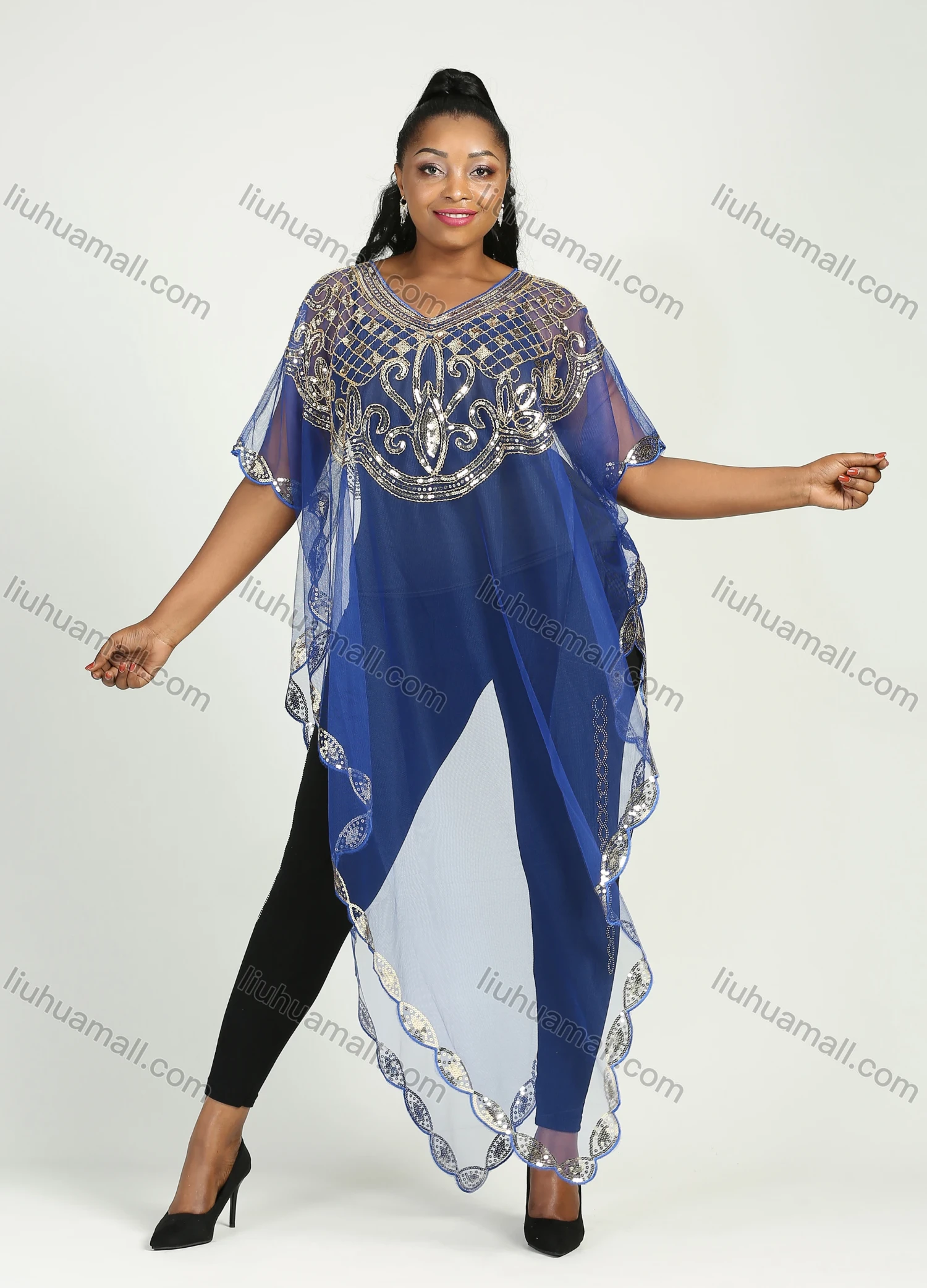Wholesale Women's Arabic Dubai Glamorous Triangle Hem Muslim Islamic Sequin Mesh Translucent Cover Up Cloak - Liuhuamall