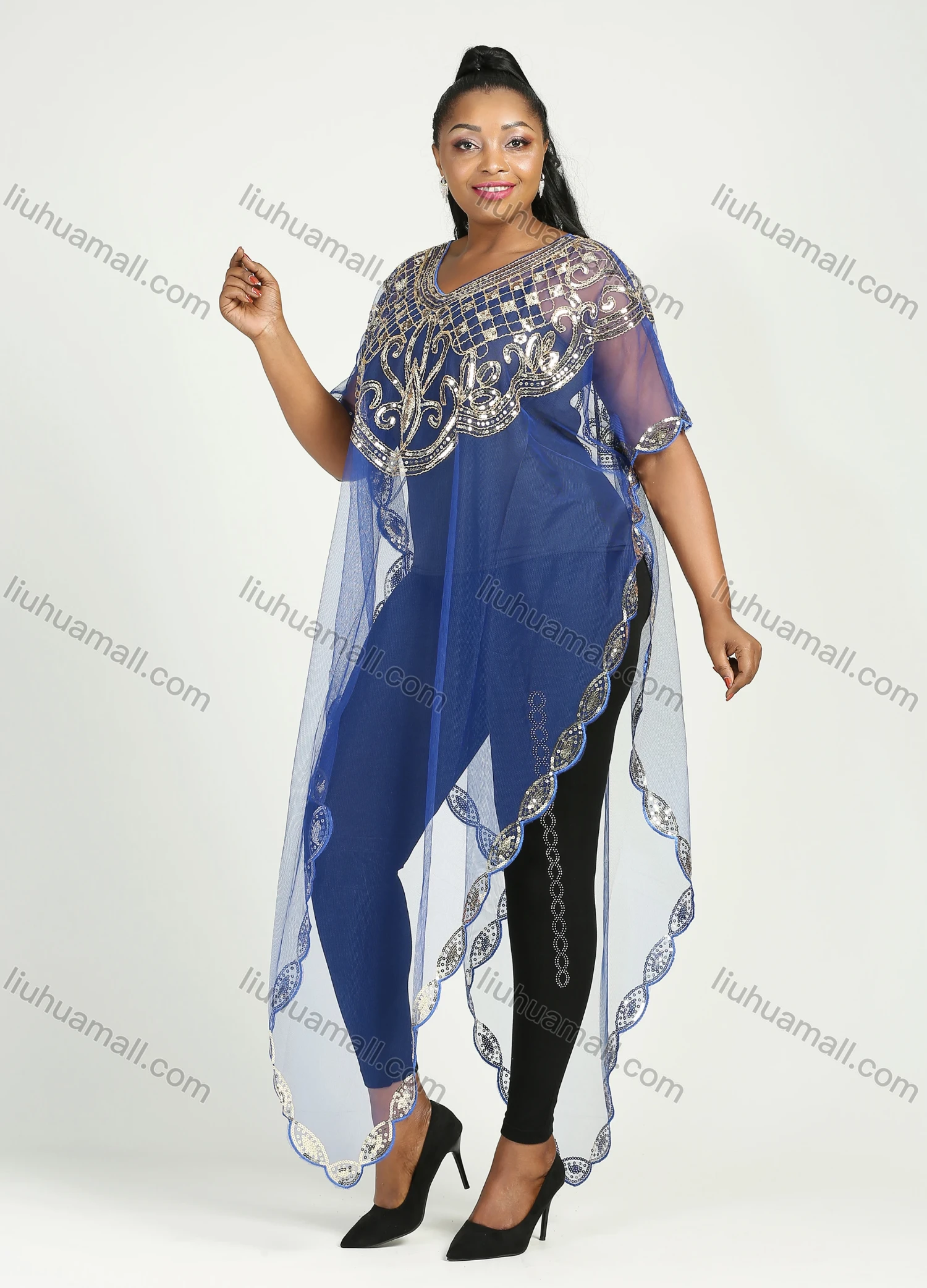 Wholesale Women's Arabic Dubai Glamorous Triangle Hem Muslim Islamic Sequin Mesh Translucent Cover Up Cloak - Liuhuamall