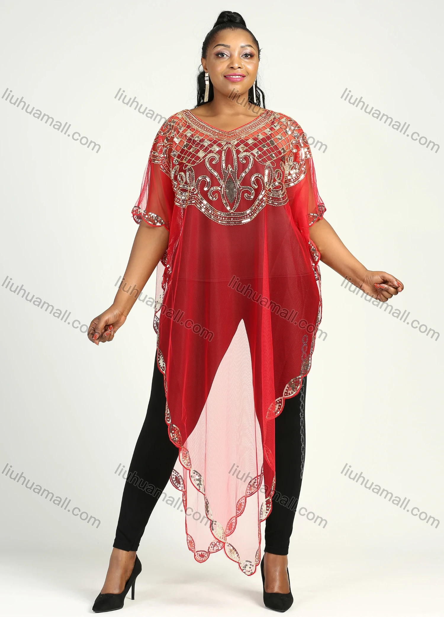 Wholesale Women's Arabic Dubai Glamorous Triangle Hem Muslim Islamic Sequin Mesh Translucent Cover Up Cloak - Liuhuamall