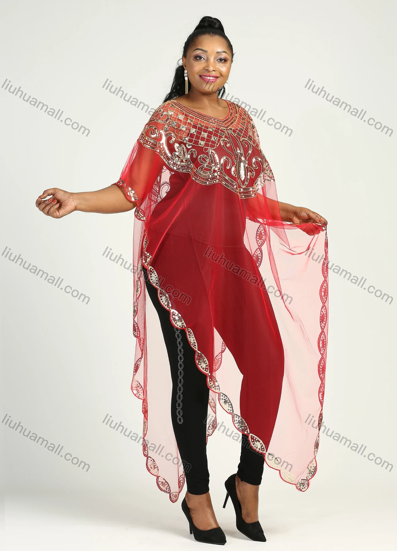 Wholesale Women's Arabic Dubai Glamorous Triangle Hem Muslim Islamic Sequin Mesh Translucent Cover Up Cloak - Liuhuamall