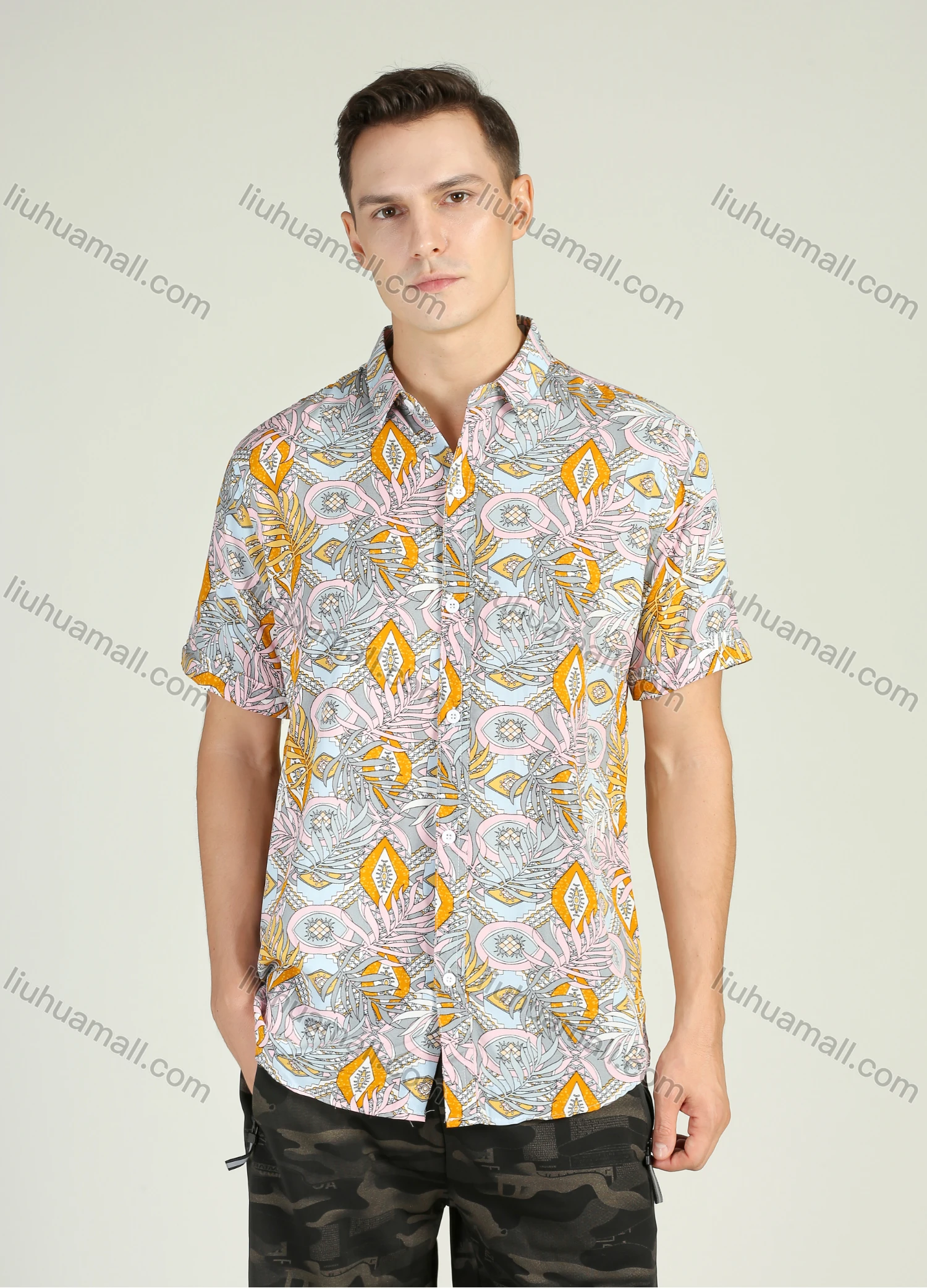 Wholesale Men's Vacation Short Sleeve Allover Tropical Print Button Front Casual Shirt - Liuhuamall