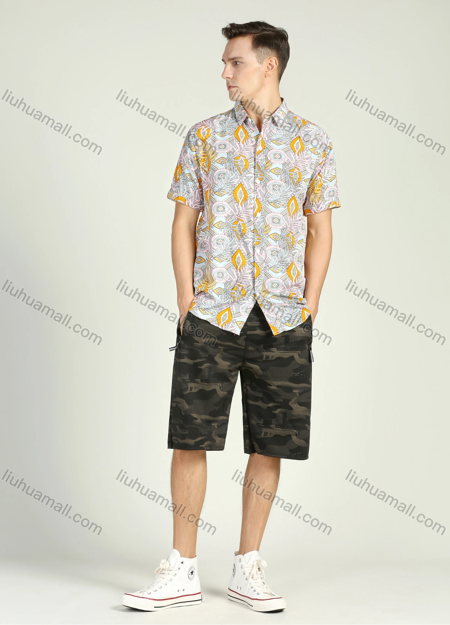 Wholesale Men's Vacation Short Sleeve Allover Tropical Print Button Front Casual Shirt - Liuhuamall