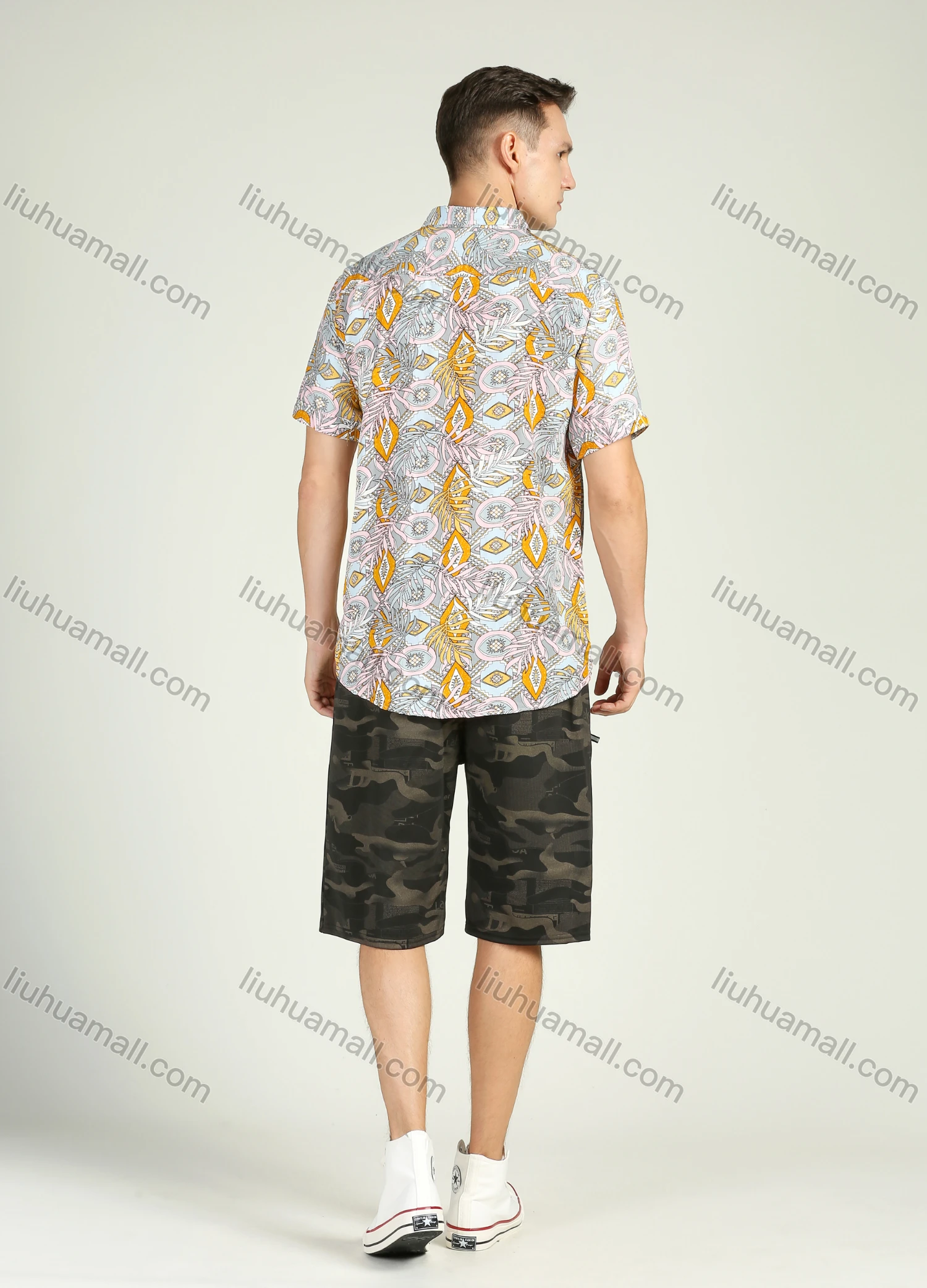 Wholesale Men's Vacation Short Sleeve Allover Tropical Print Button Front Casual Shirt - Liuhuamall