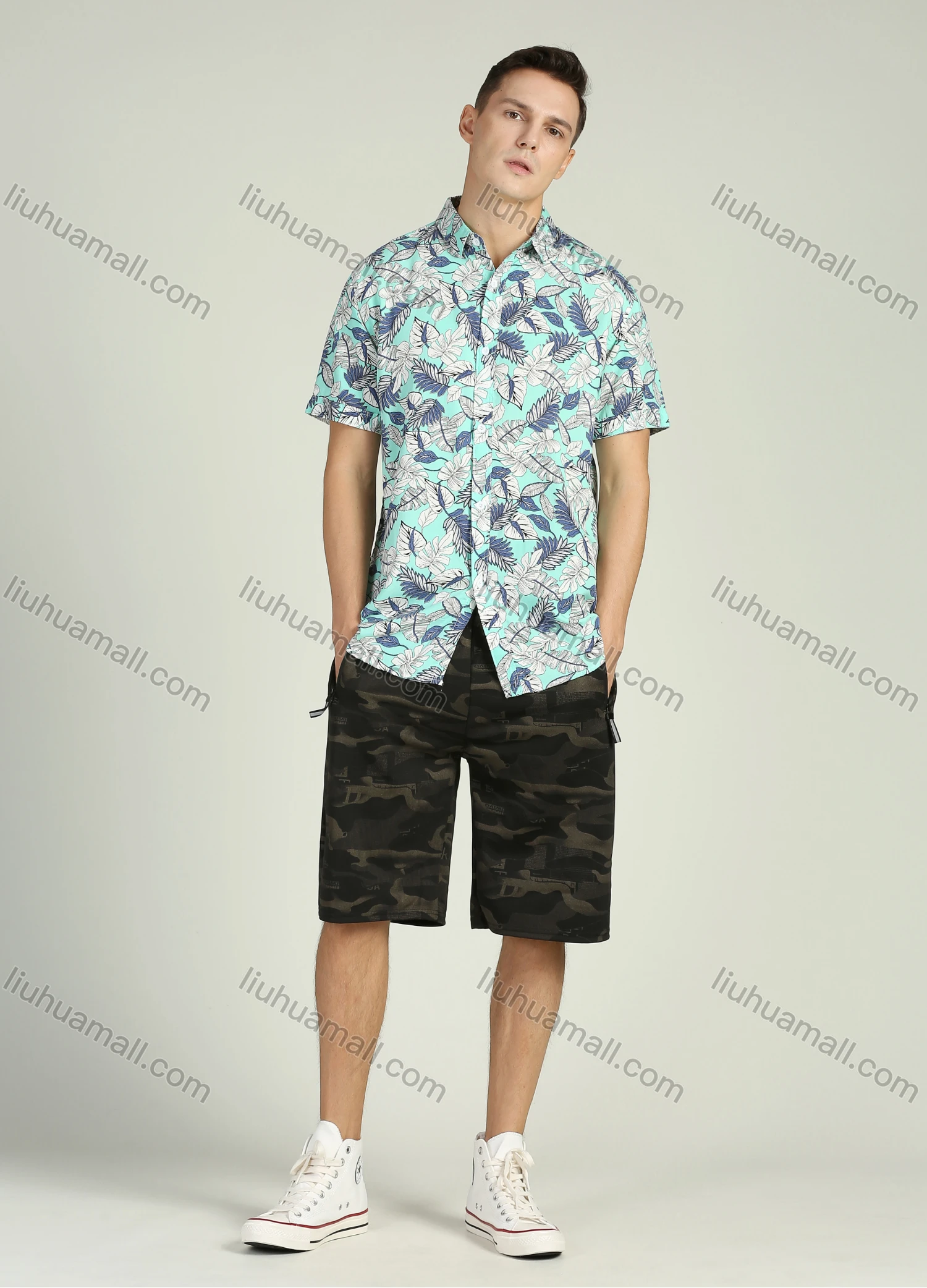 Wholesale Men's Vacation Allover Tropical Print Short Sleeve Button Down Casual Shirt - Liuhuamall