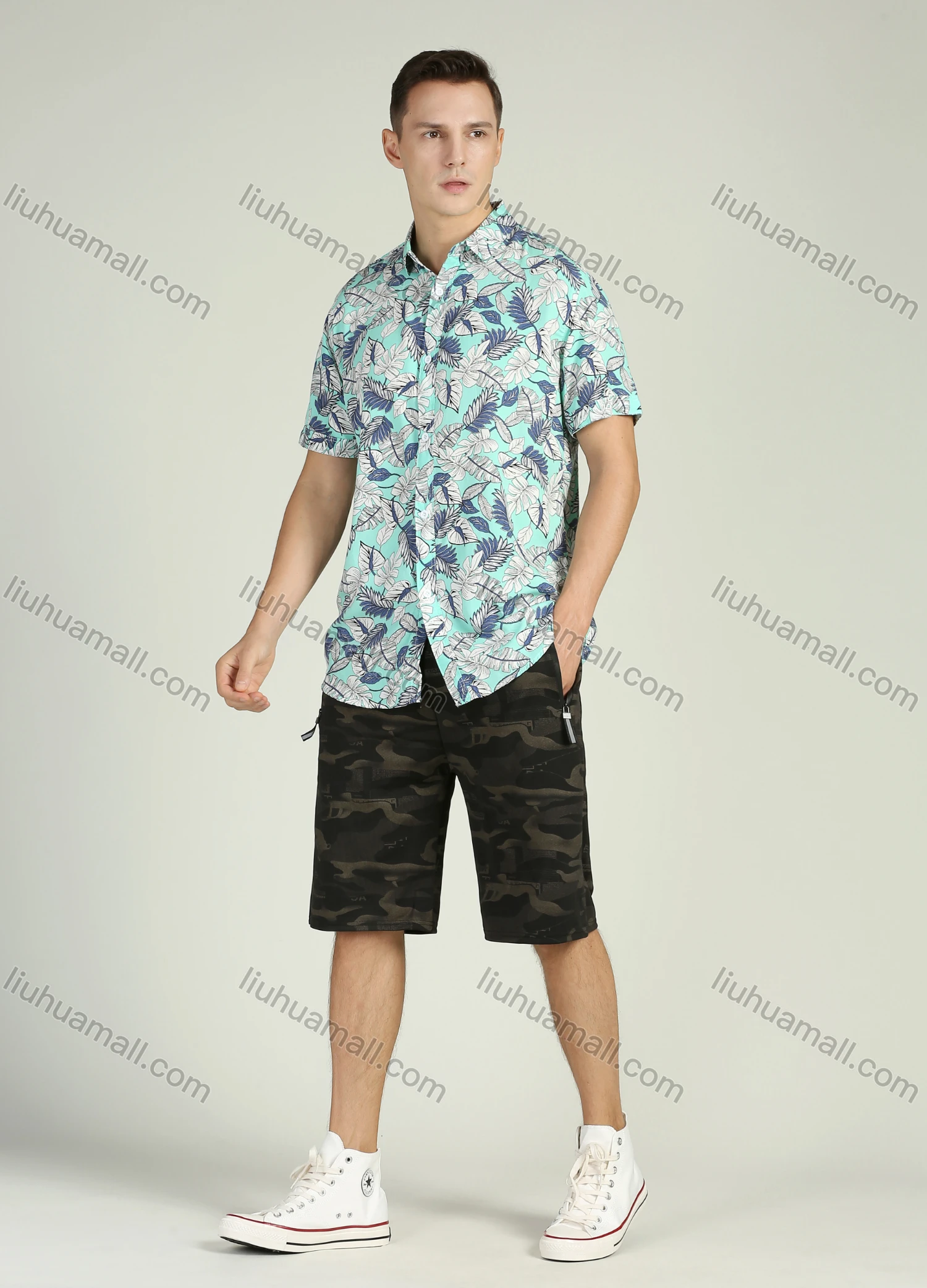 Wholesale Men's Vacation Allover Tropical Print Short Sleeve Button Down Casual Shirt - Liuhuamall