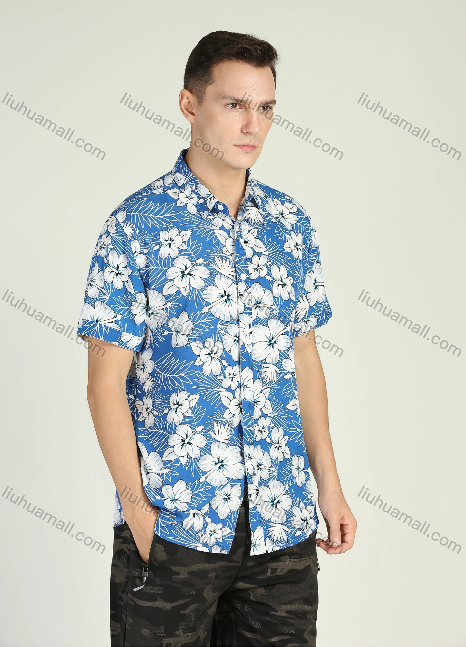 Wholesale Men's Vacation Allover Floral Print Short Sleeve Button Down Casual Shirt - Liuhuamall