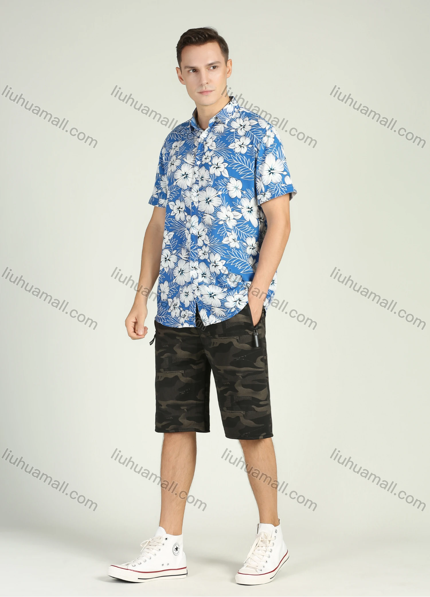 Wholesale Men's Vacation Allover Floral Print Short Sleeve Button Down Casual Shirt - Liuhuamall