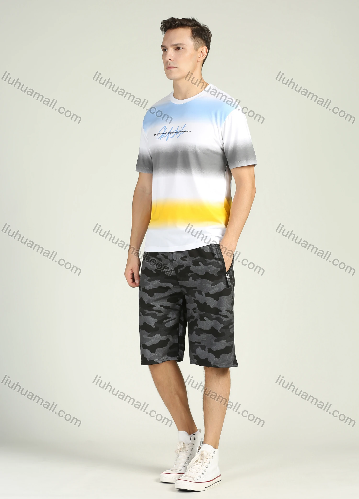 Wholesale Men's Colorblock Short Sleeve Round Neck Letter Print T Shirt - Liuhuamall