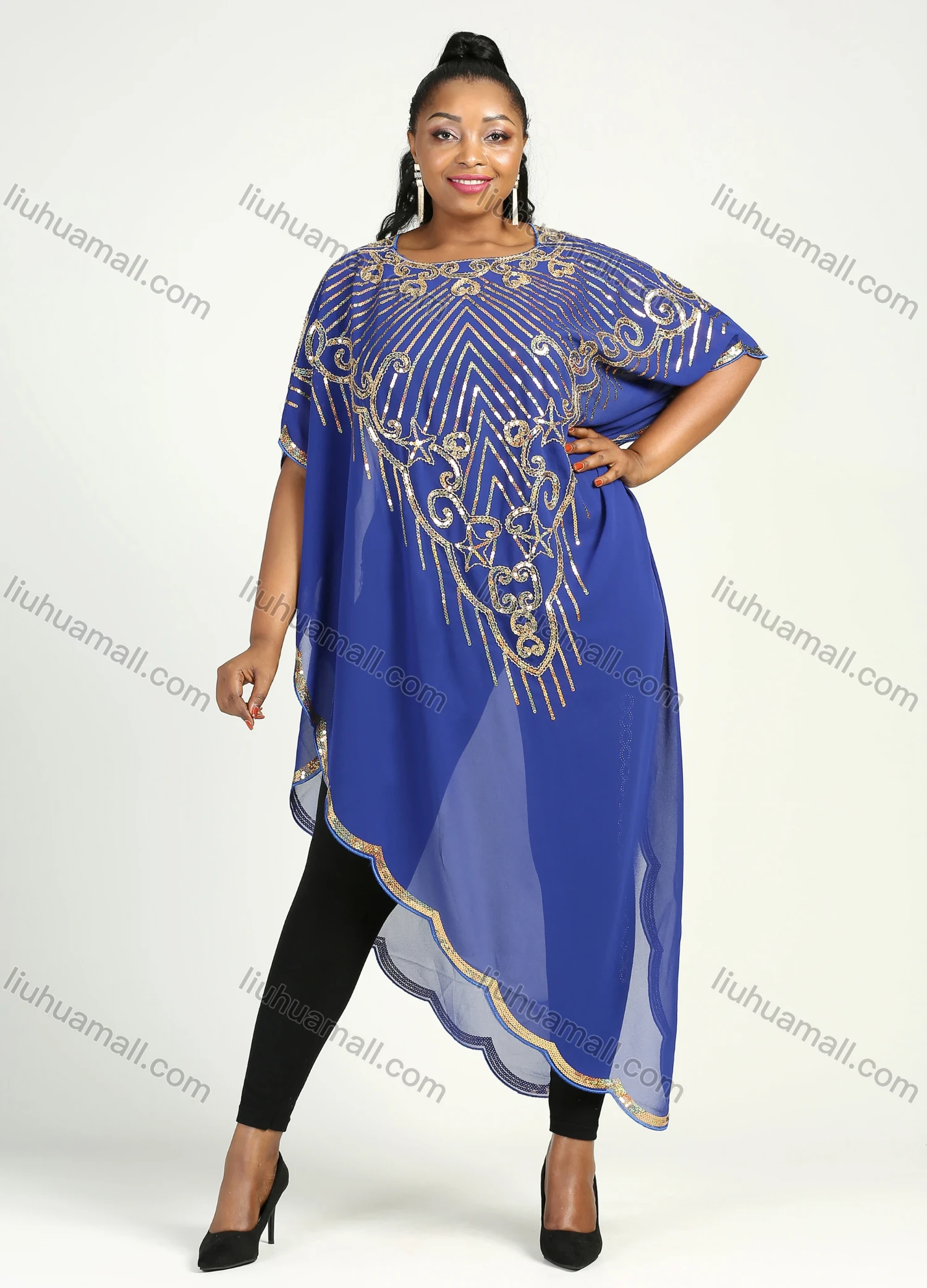 Wholesale Women's Arabic Dubai Round Neck Asymmetrical Hem Islamic Muslim Sequin Maxi Cover Up Dress - Liuhuamall