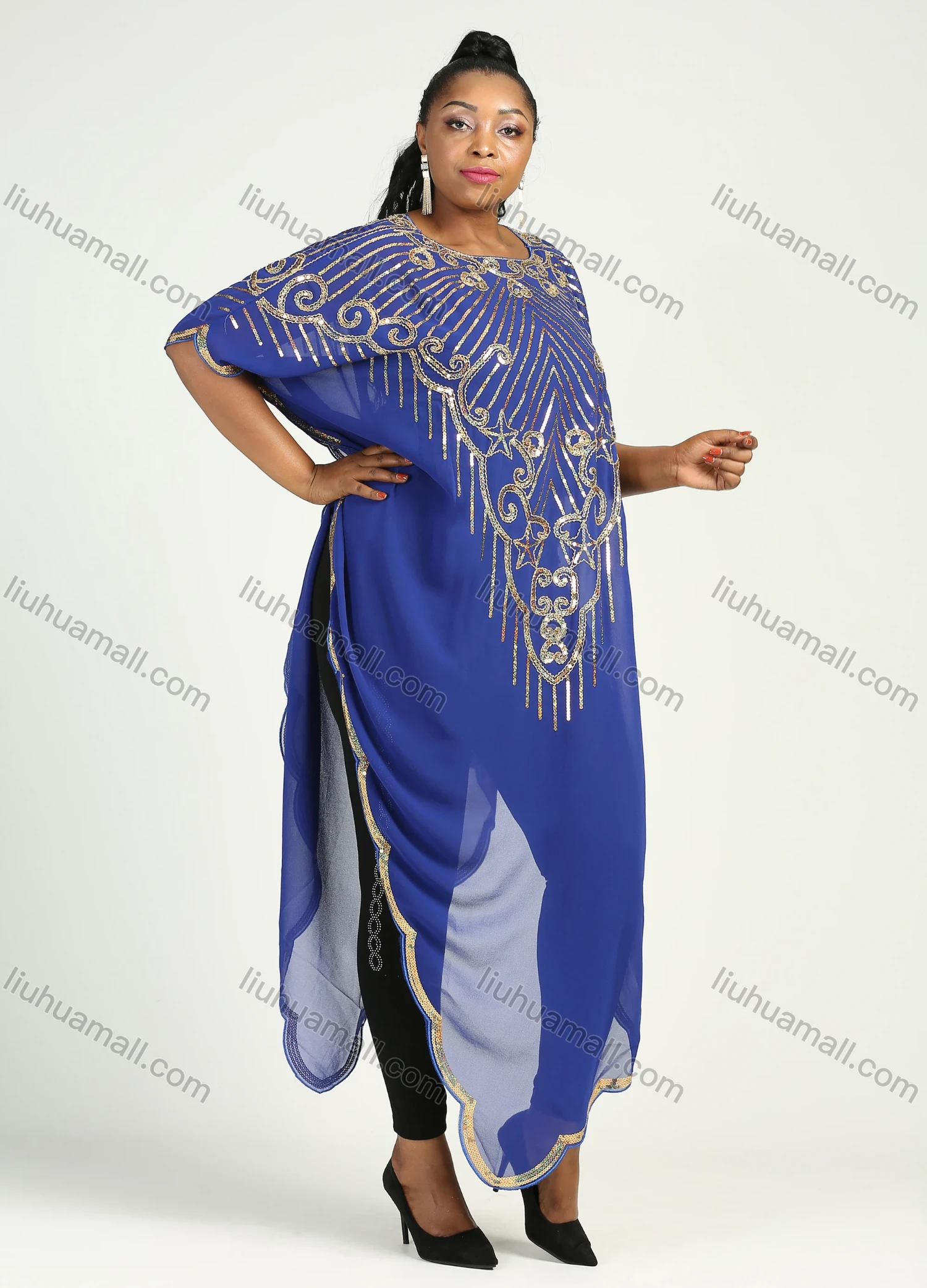 Wholesale Women's Arabic Dubai Round Neck Asymmetrical Hem Islamic Muslim Sequin Maxi Cover Up Dress - Liuhuamall