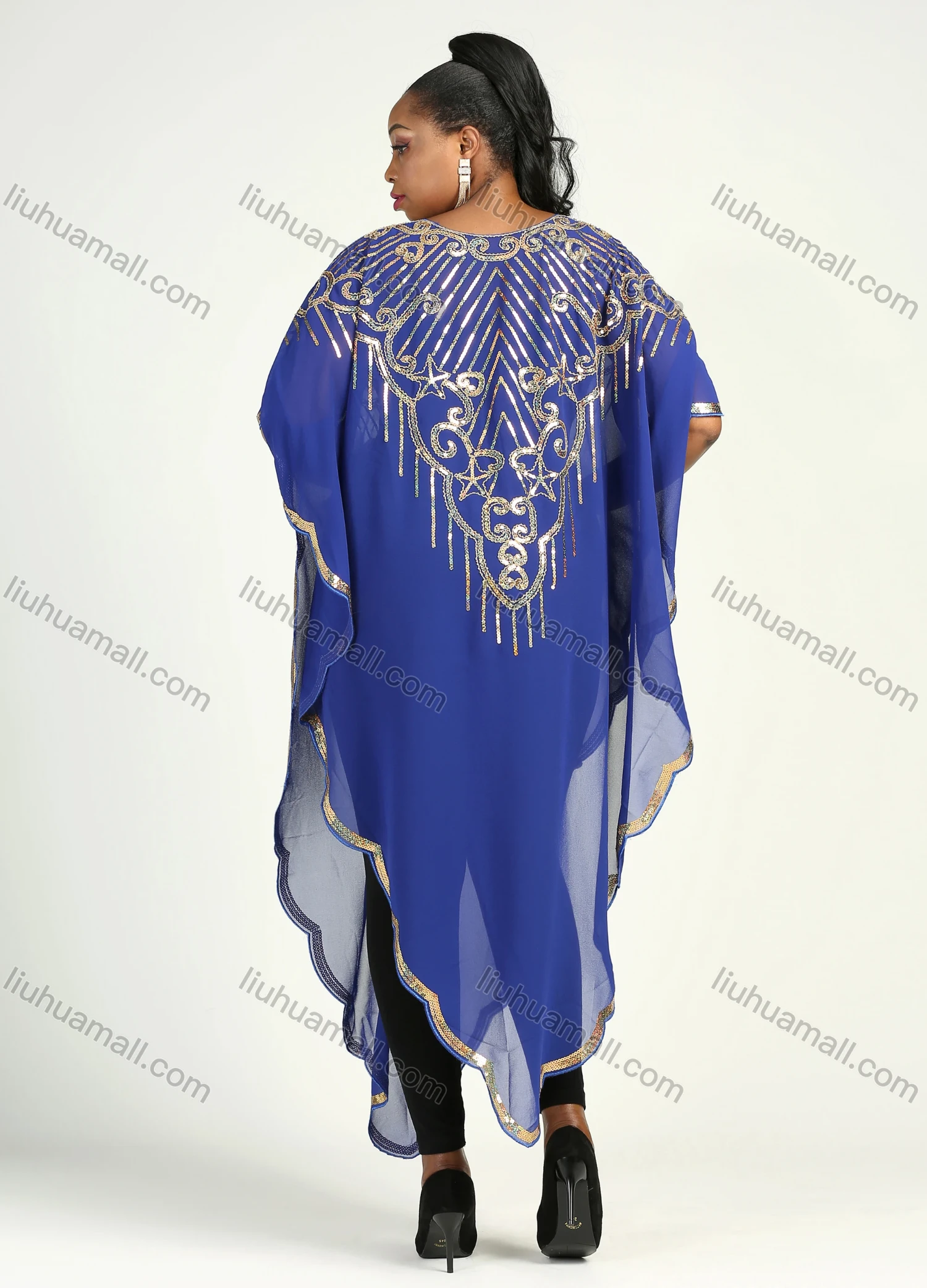 Wholesale Women's Arabic Dubai Round Neck Asymmetrical Hem Islamic Muslim Sequin Maxi Cover Up Dress - Liuhuamall