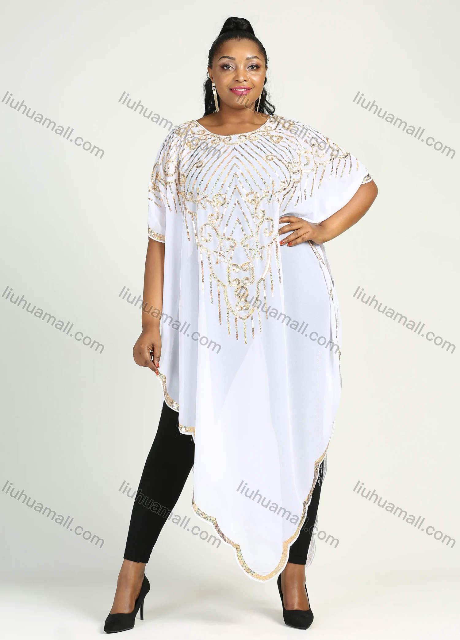 Wholesale Women's Arabic Dubai Round Neck Asymmetrical Hem Islamic Muslim Sequin Maxi Cover Up Dress - Liuhuamall