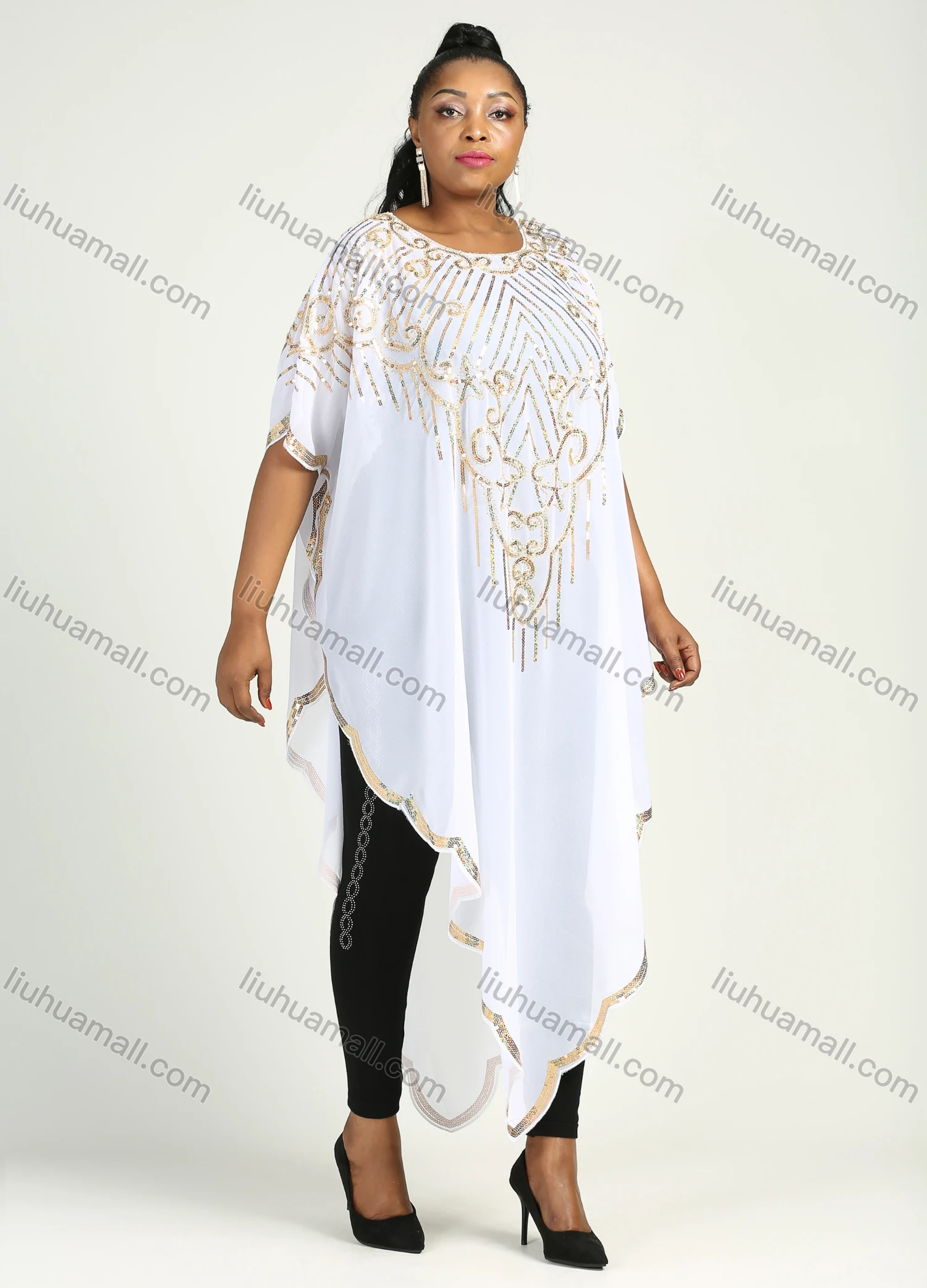 Wholesale Women's Arabic Dubai Round Neck Asymmetrical Hem Islamic Muslim Sequin Maxi Cover Up Dress - Liuhuamall