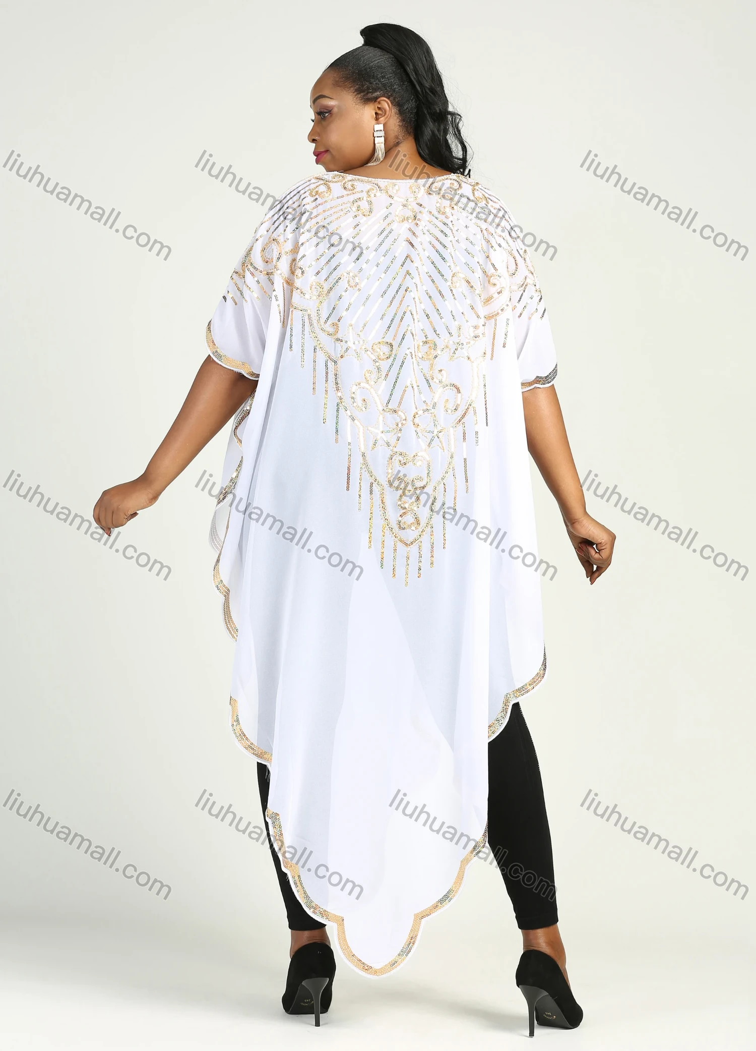 Wholesale Women's Arabic Dubai Round Neck Asymmetrical Hem Islamic Muslim Sequin Maxi Cover Up Dress - Liuhuamall