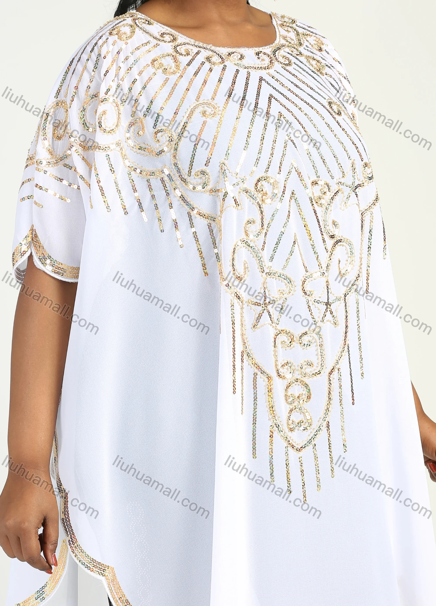 Wholesale Women's Arabic Dubai Round Neck Asymmetrical Hem Islamic Muslim Sequin Maxi Cover Up Dress - Liuhuamall