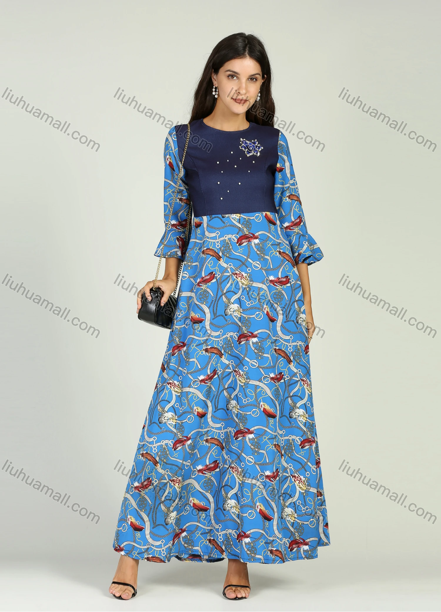 Wholesale Women's Chain & Feather Splicing Ruffle Sleeve Round Neck Pearl Decor A-Line Maxi Dress - Liuhuamall