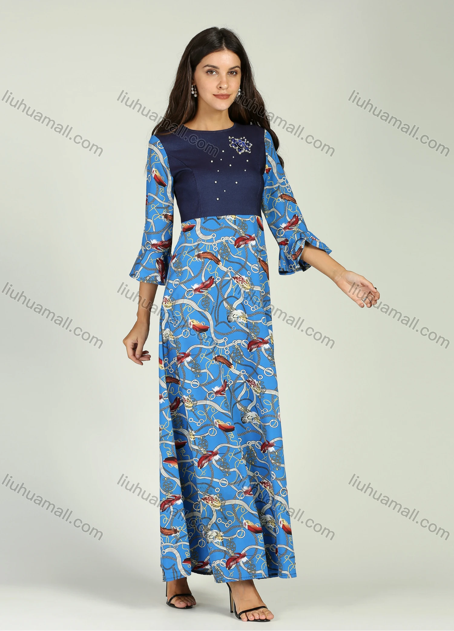 Wholesale Women's Chain & Feather Splicing Ruffle Sleeve Round Neck Pearl Decor A-Line Maxi Dress - Liuhuamall