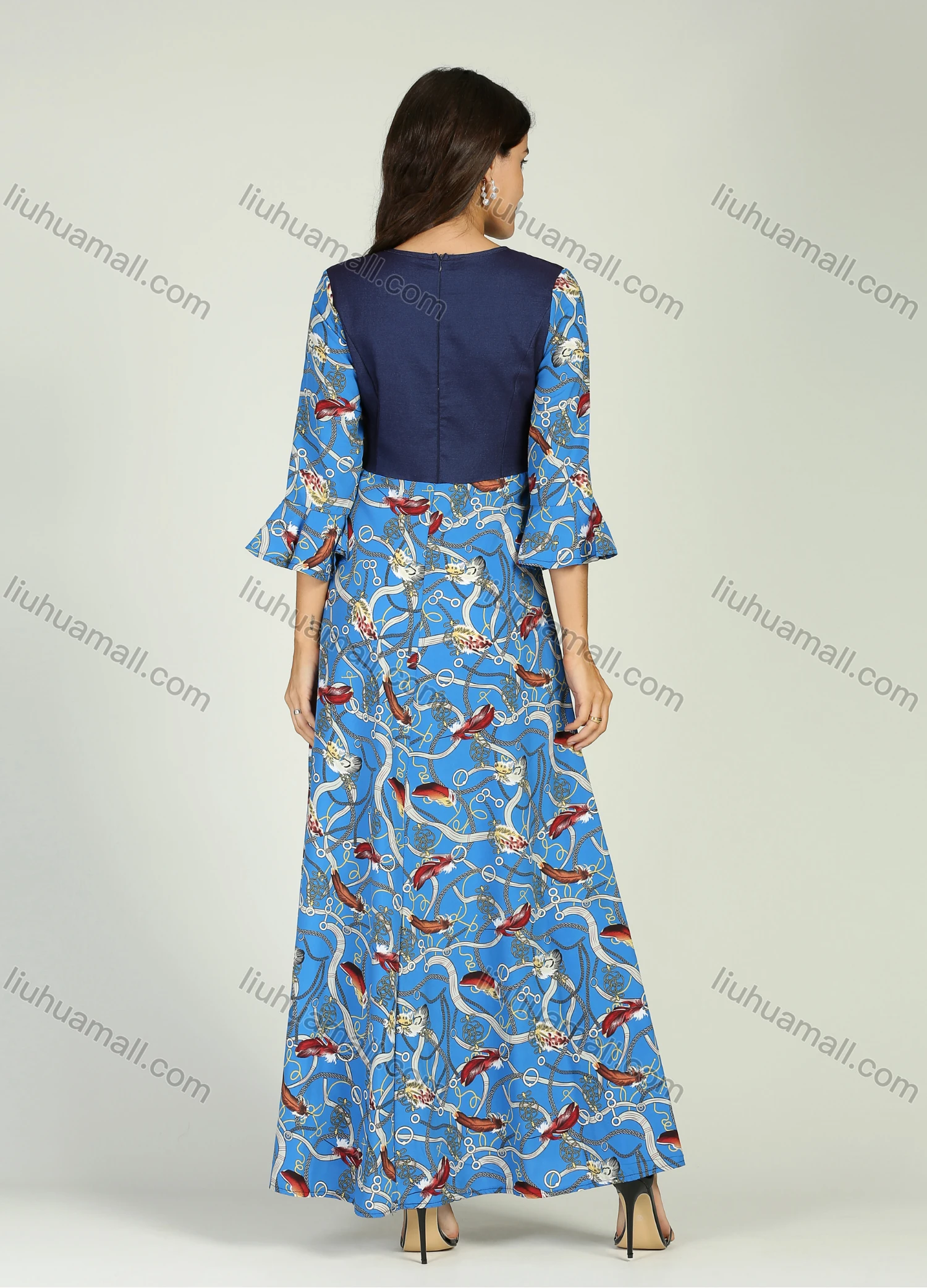 Wholesale Women's Chain & Feather Splicing Ruffle Sleeve Round Neck Pearl Decor A-Line Maxi Dress - Liuhuamall