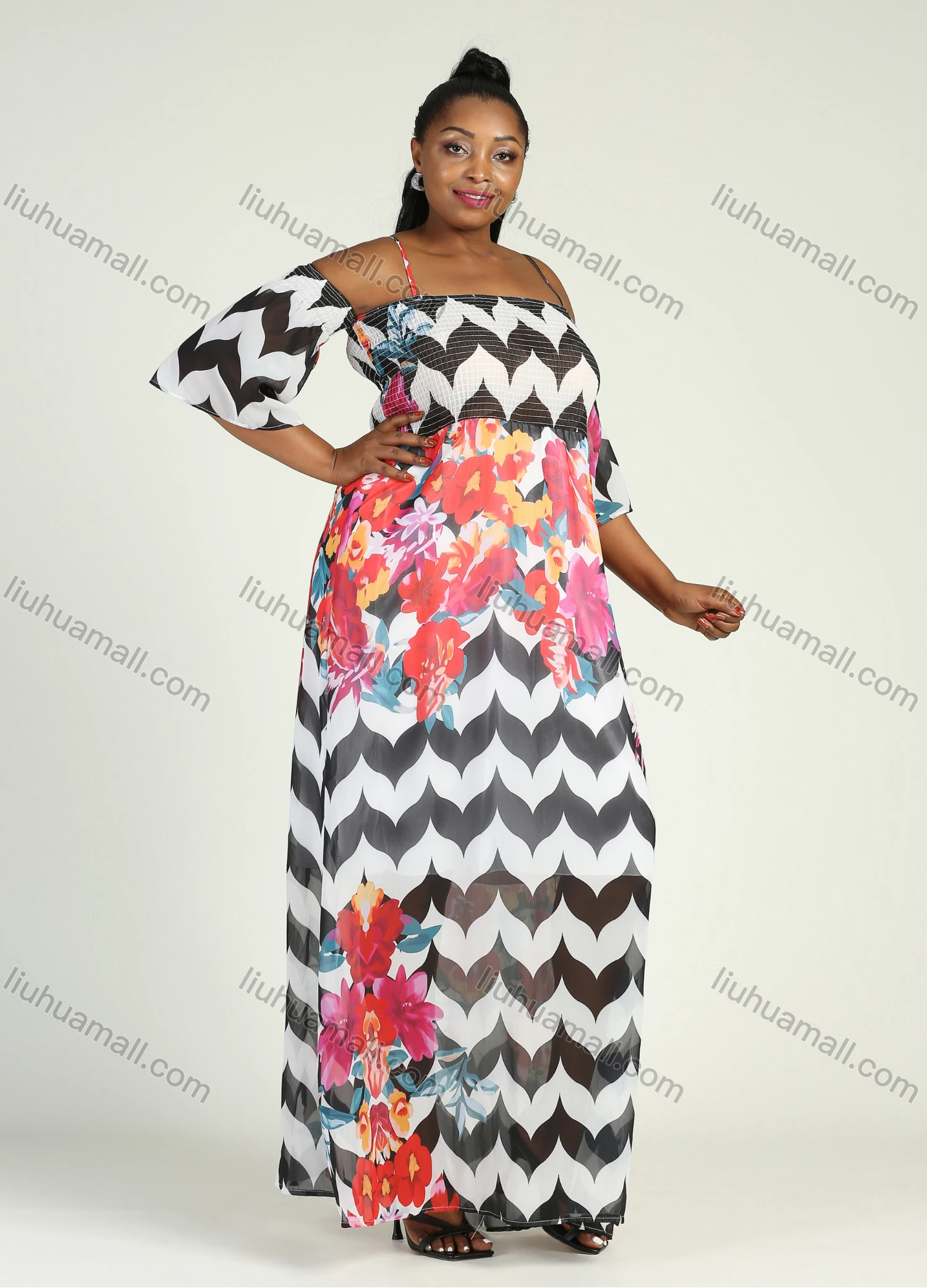 Wholesale Women's Plus Size Spaghetti Strap Shirred Short Sleeve Floral Splicing Print Cold Shoulder Floor Length Dress - Liuhuamall