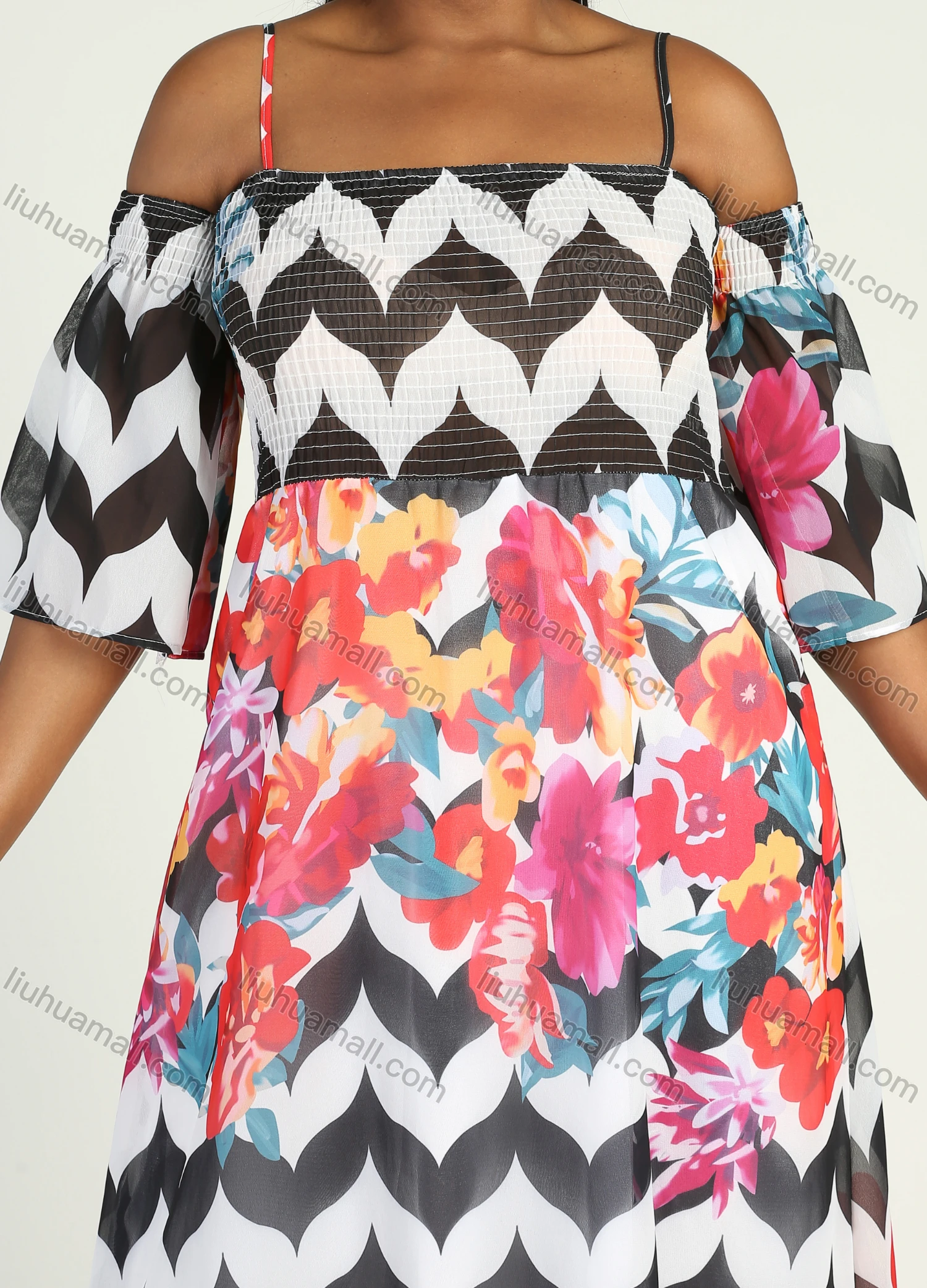 Wholesale Women's Plus Size Spaghetti Strap Shirred Short Sleeve Floral Splicing Print Cold Shoulder Floor Length Dress - Liuhuamall