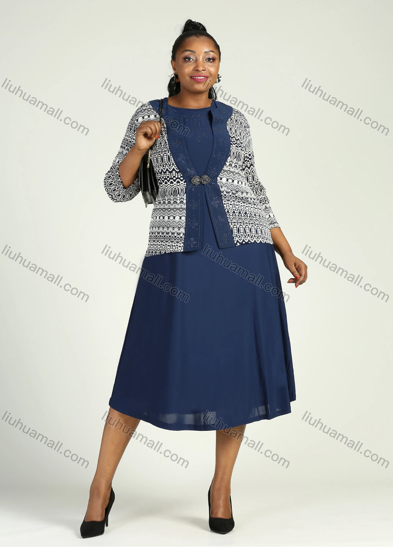 Wholesale Women's Elegant Rhinestone 3/4 Sleeve Round Neck Midi Dress With Cardigan 2 Piece Set - Liuhuamall