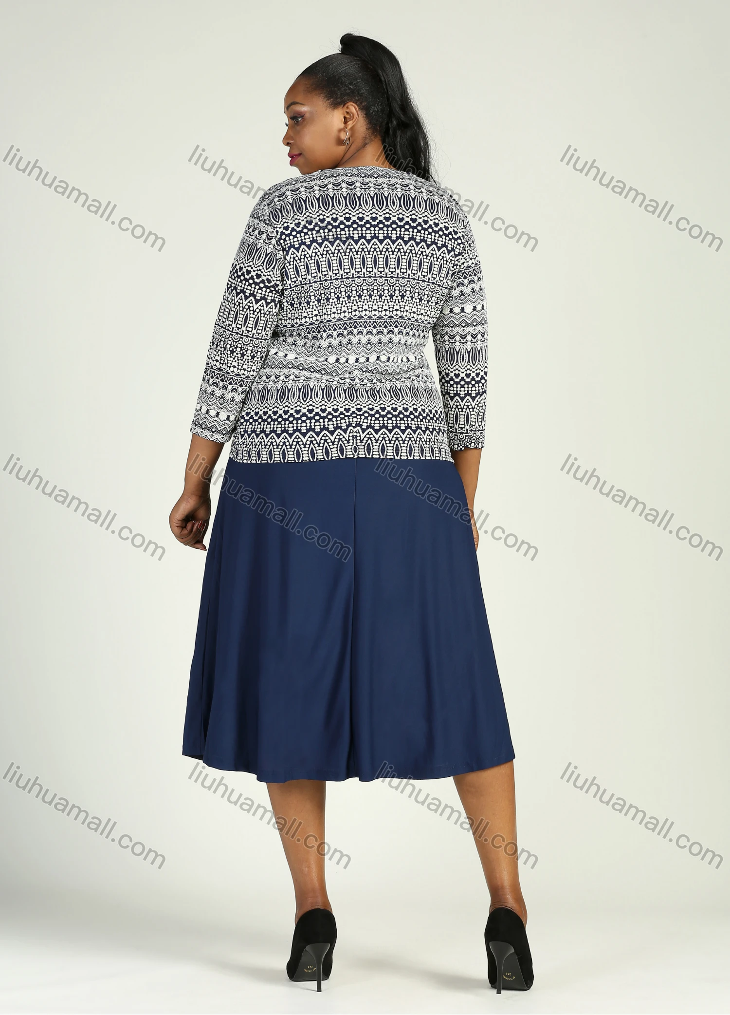 Wholesale Women's Elegant Rhinestone 3/4 Sleeve Round Neck Midi Dress With Cardigan 2 Piece Set - Liuhuamall