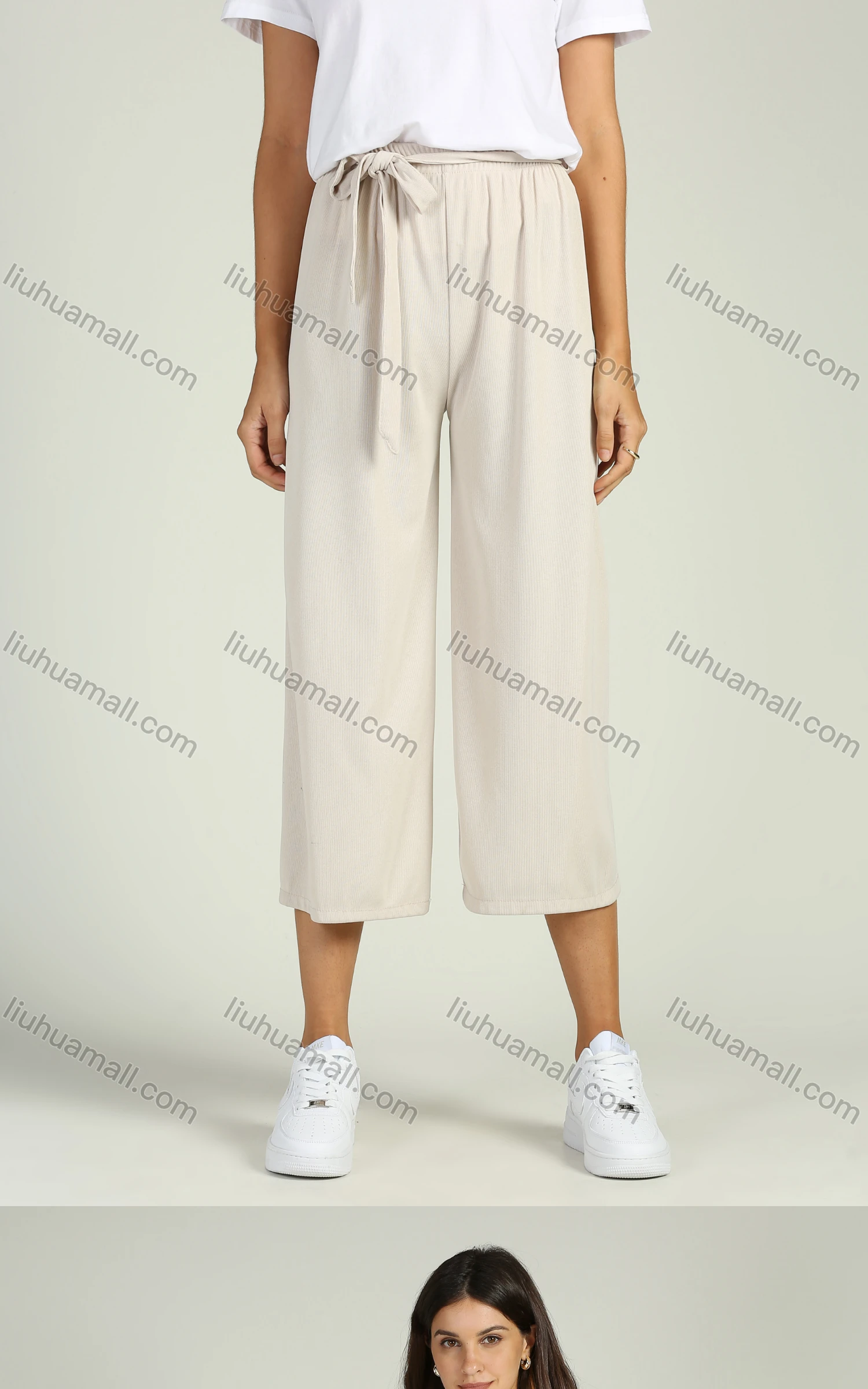 Wholesale Women's Casual Casual Wide Leg Belted Solid Cropped Pants - Liuhuamall